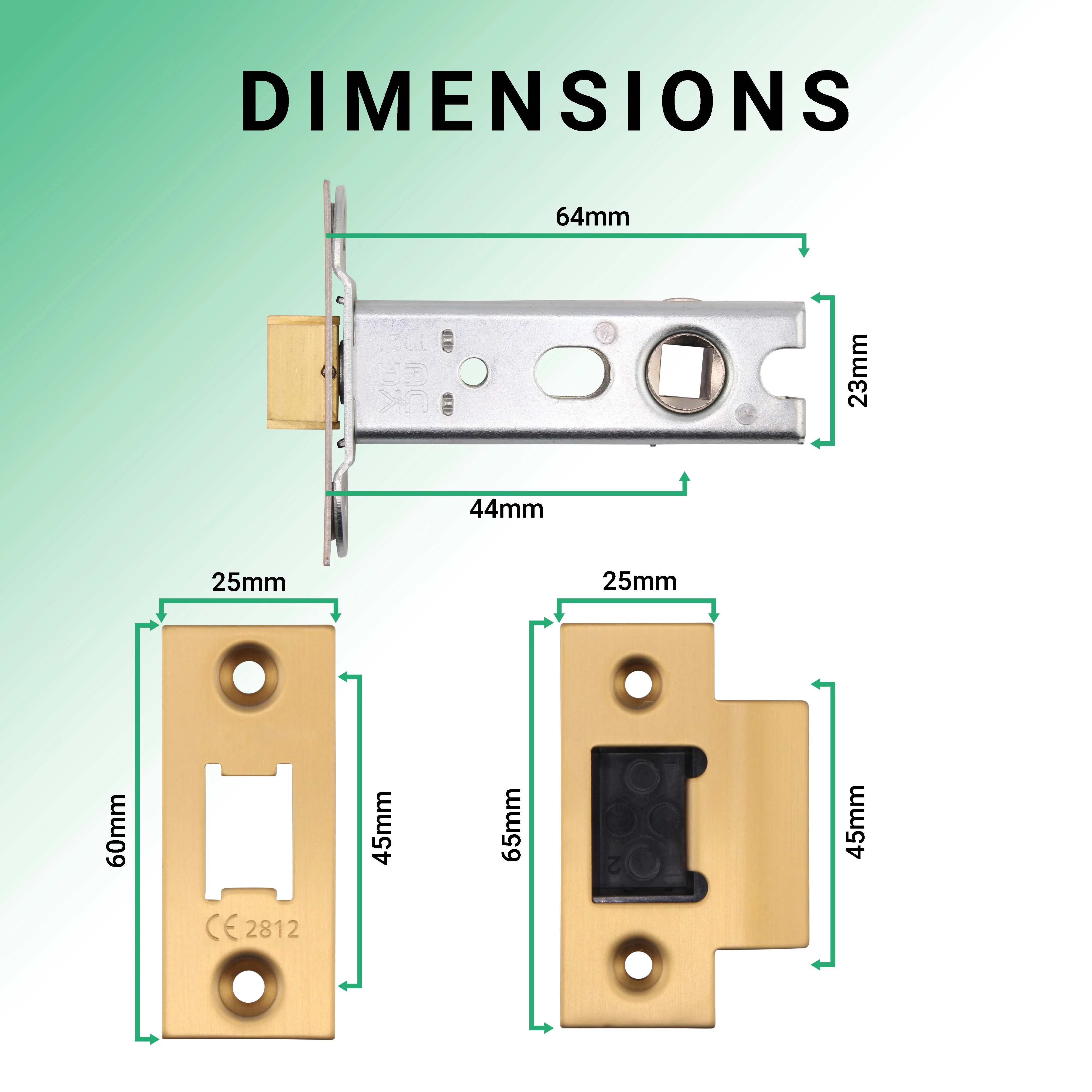 2.5 inch/64mm Fire Rated Tubular Latch Bolt Through - 44mm Backset - Satin Brass - Image 5