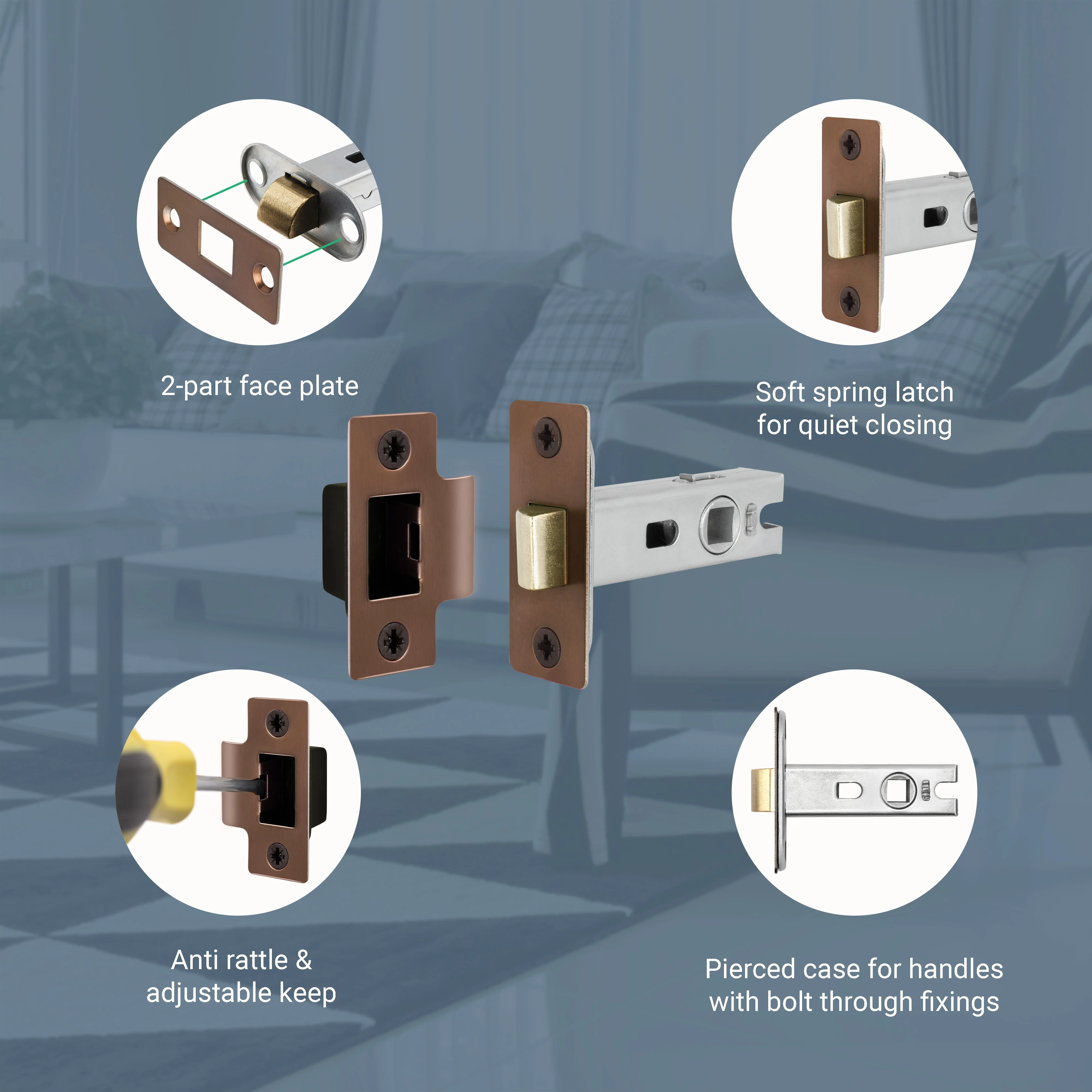 3 inch/76mm Tubular Latch Bolt Through - 57mm Backset - Bronze - Image 4