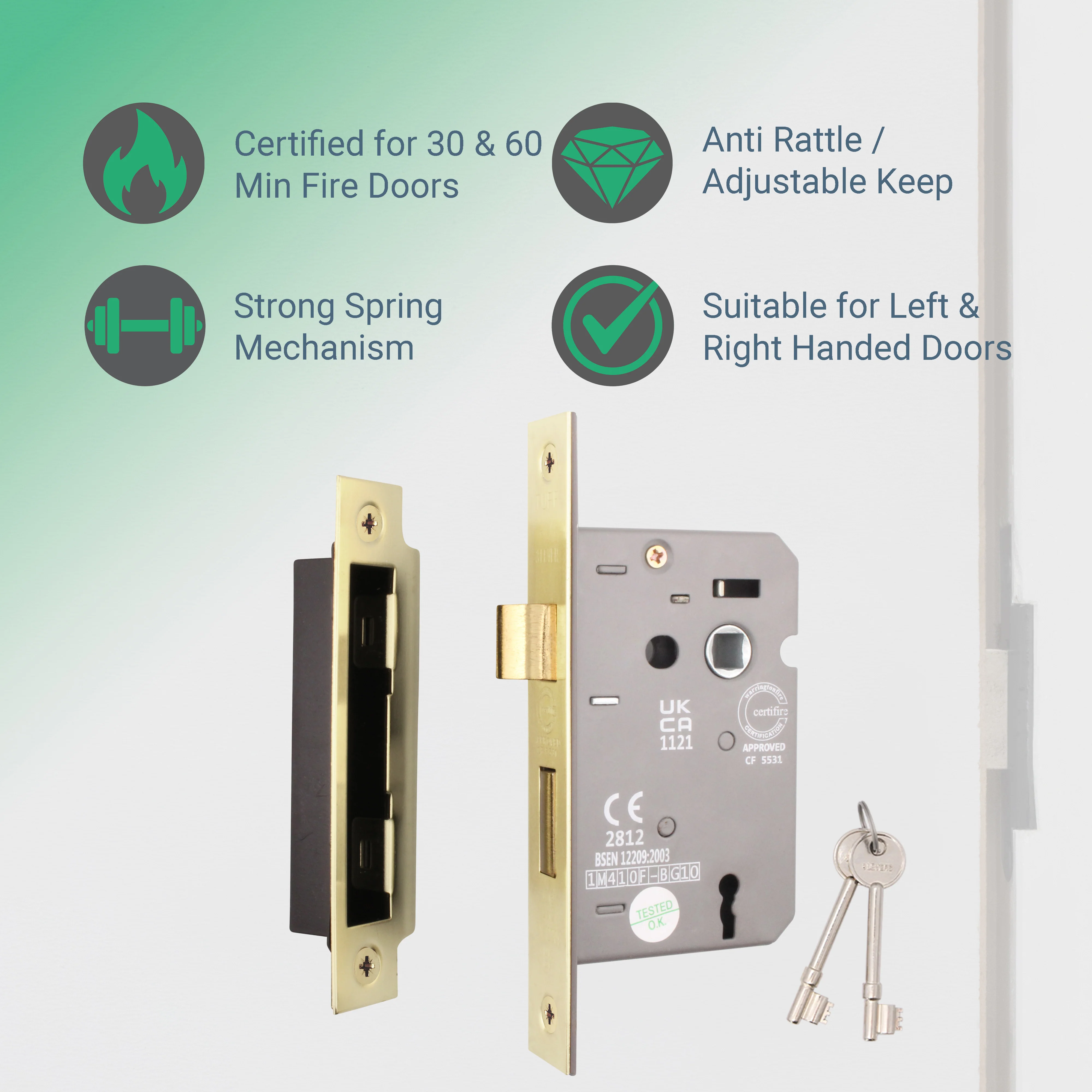 Mortice Fire Rated Sashlock - 64mm Case Size - 44mm Backset - Satin Brass - Image 2