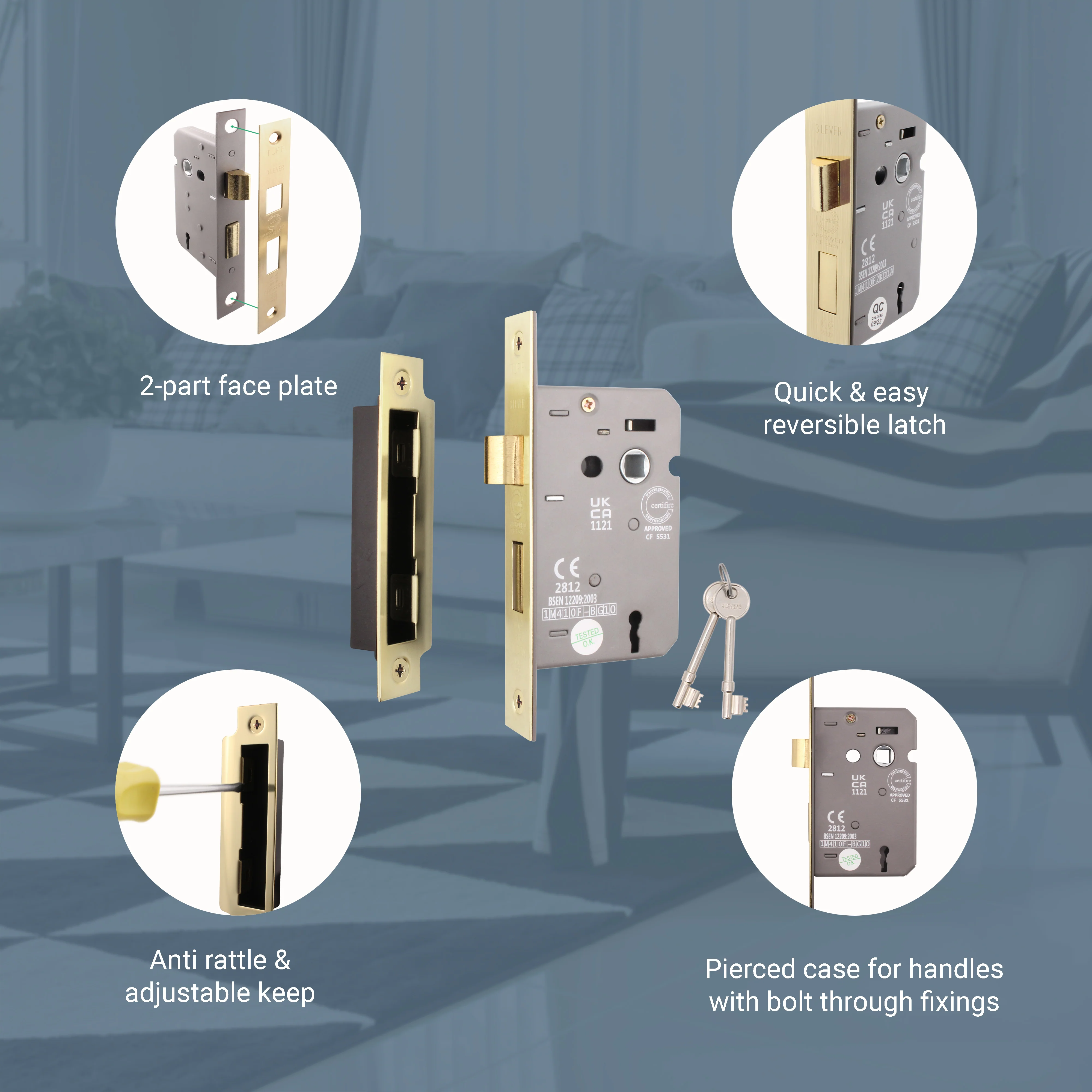 Mortice Fire Rated Sashlock - 80mm Case Size - 57mm Backset - Satin Brass - Image 3