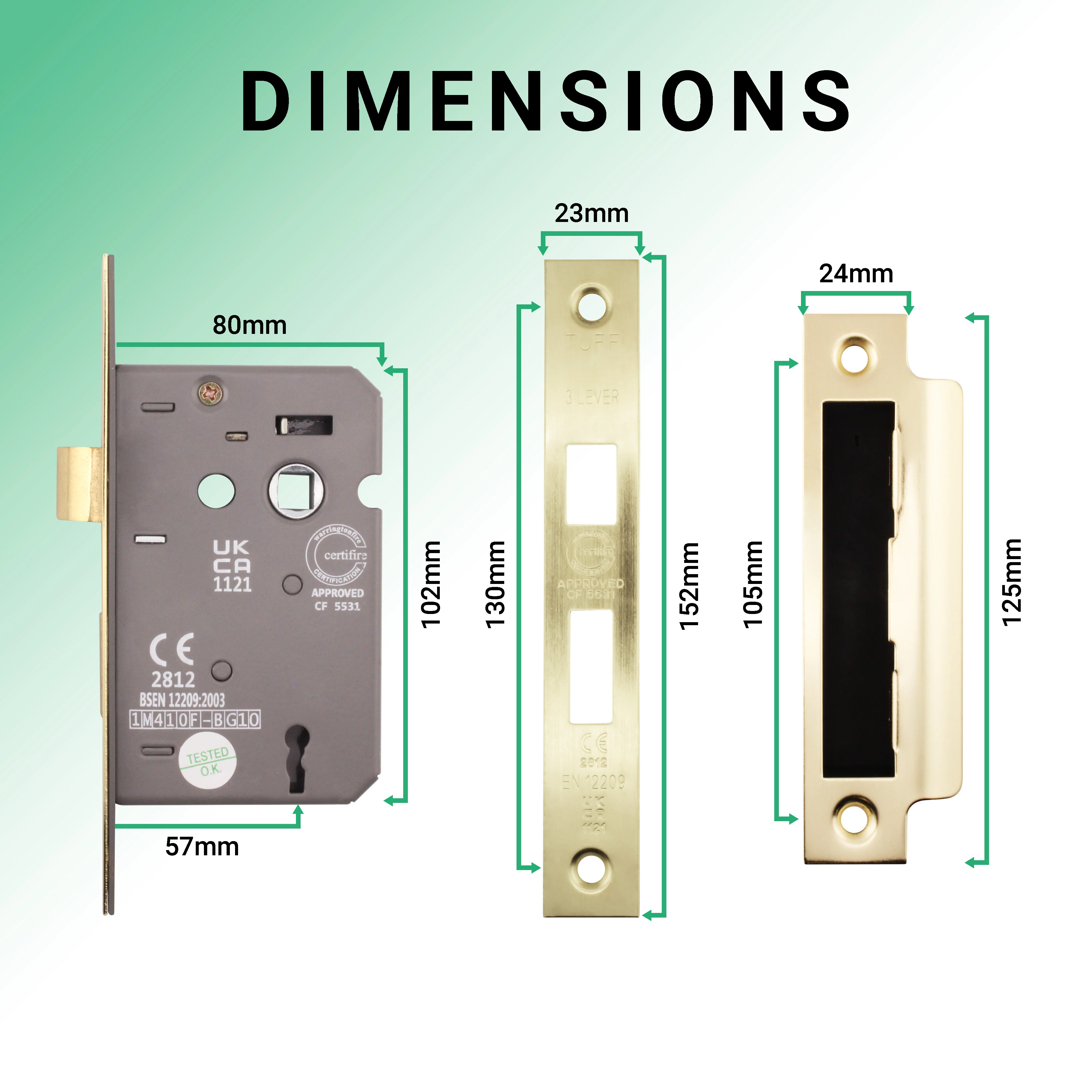 Mortice Fire Rated Sashlock - 80mm Case Size - 57mm Backset - Satin Brass - Image 5