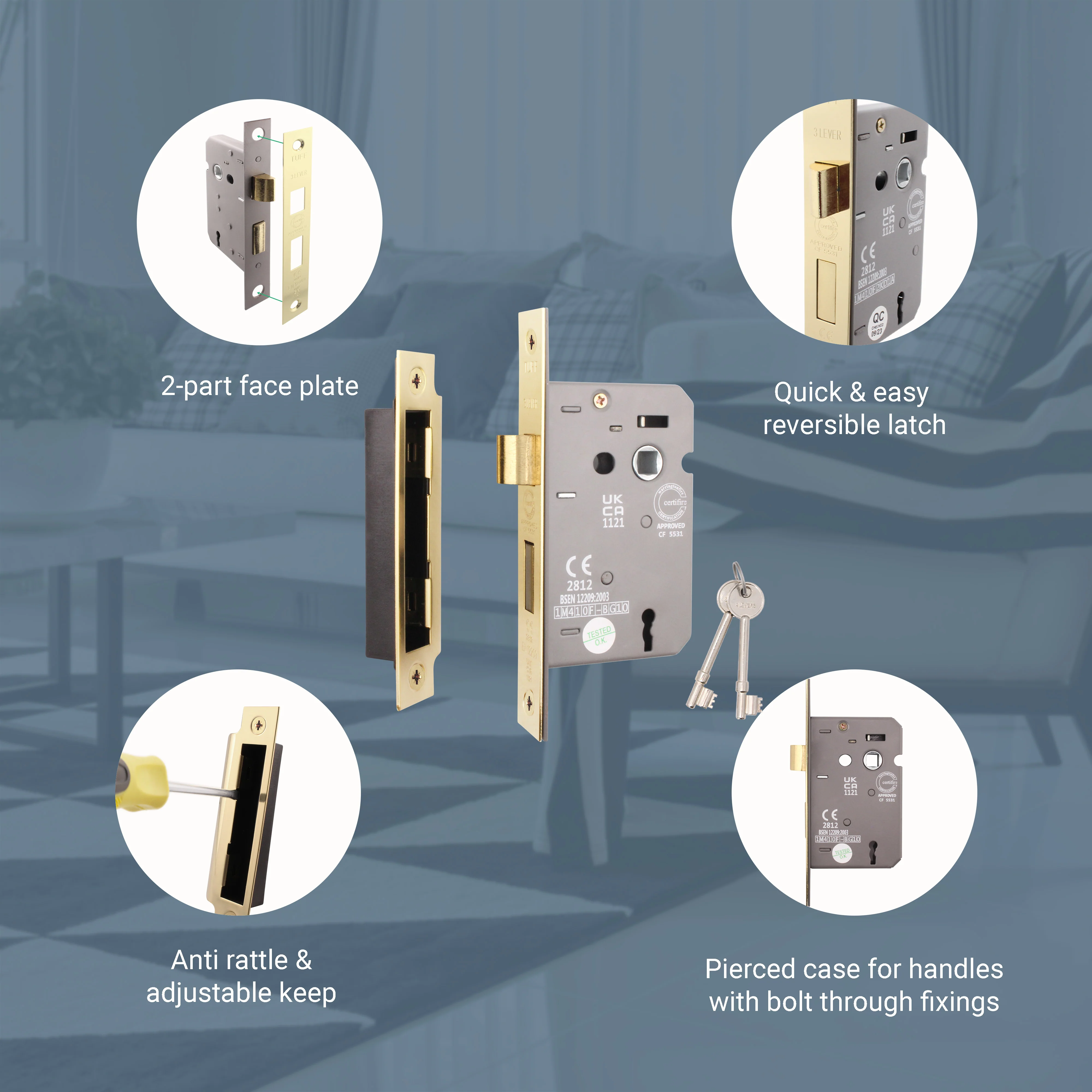 Mortice Fire Rated Sashlock - 80mm Case Size - 57mm Backset - Electro Brass - Image 3