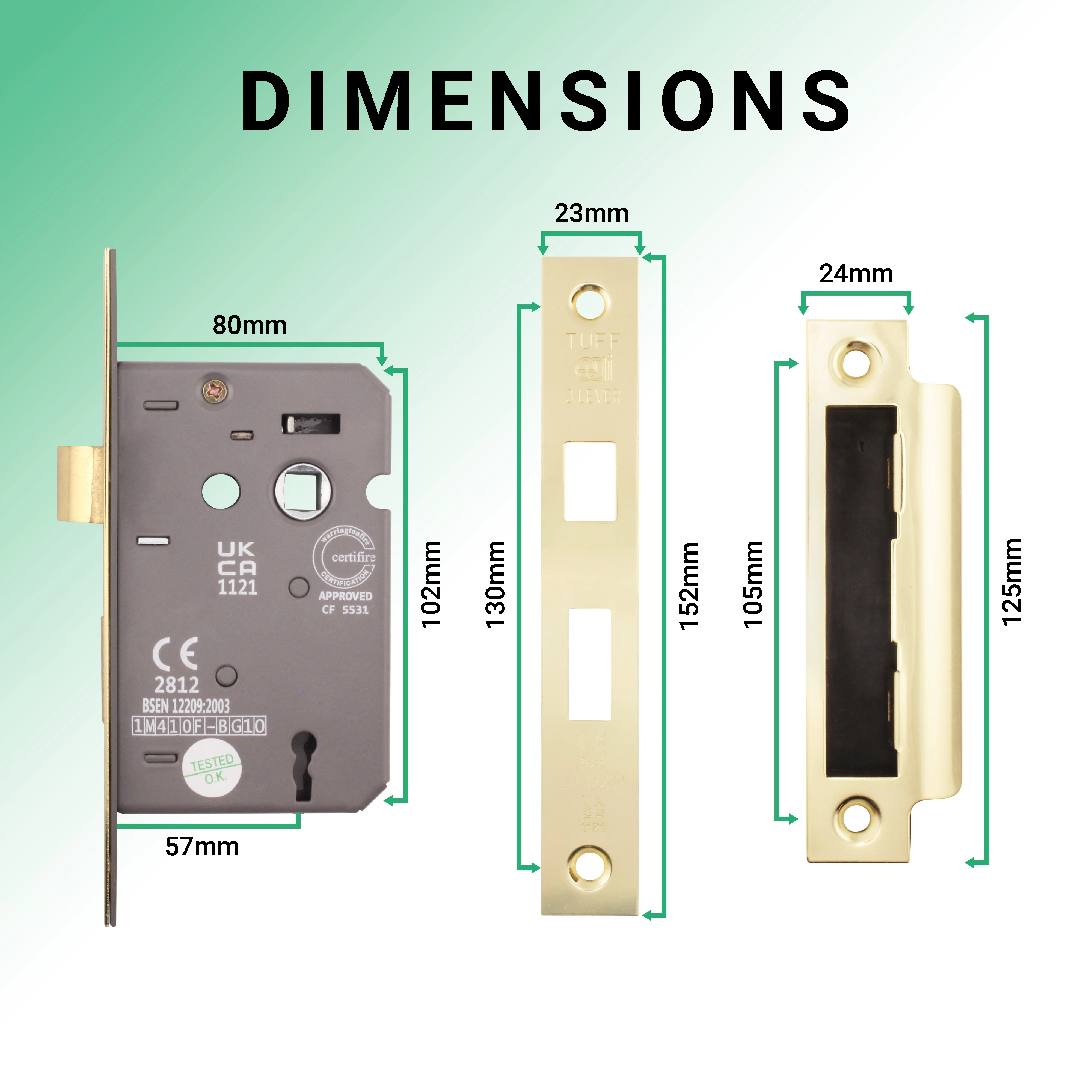 Mortice Fire Rated Sashlock - 80mm Case Size - 57mm Backset - Electro Brass - Image 5