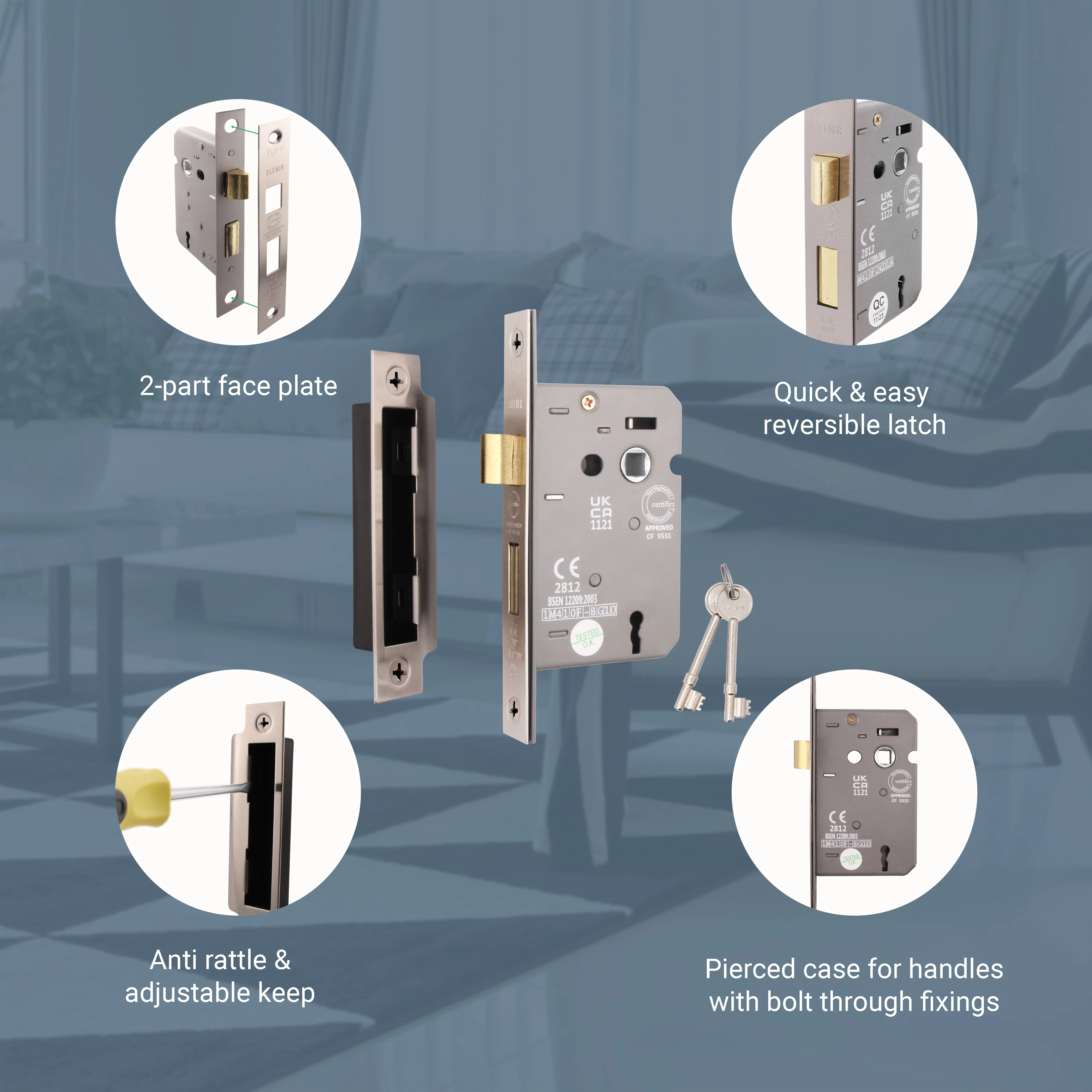 Mortice Fire Rated Sashlock - 80mm Case Size - 57mm Backset - Satin Nickel - Image 3