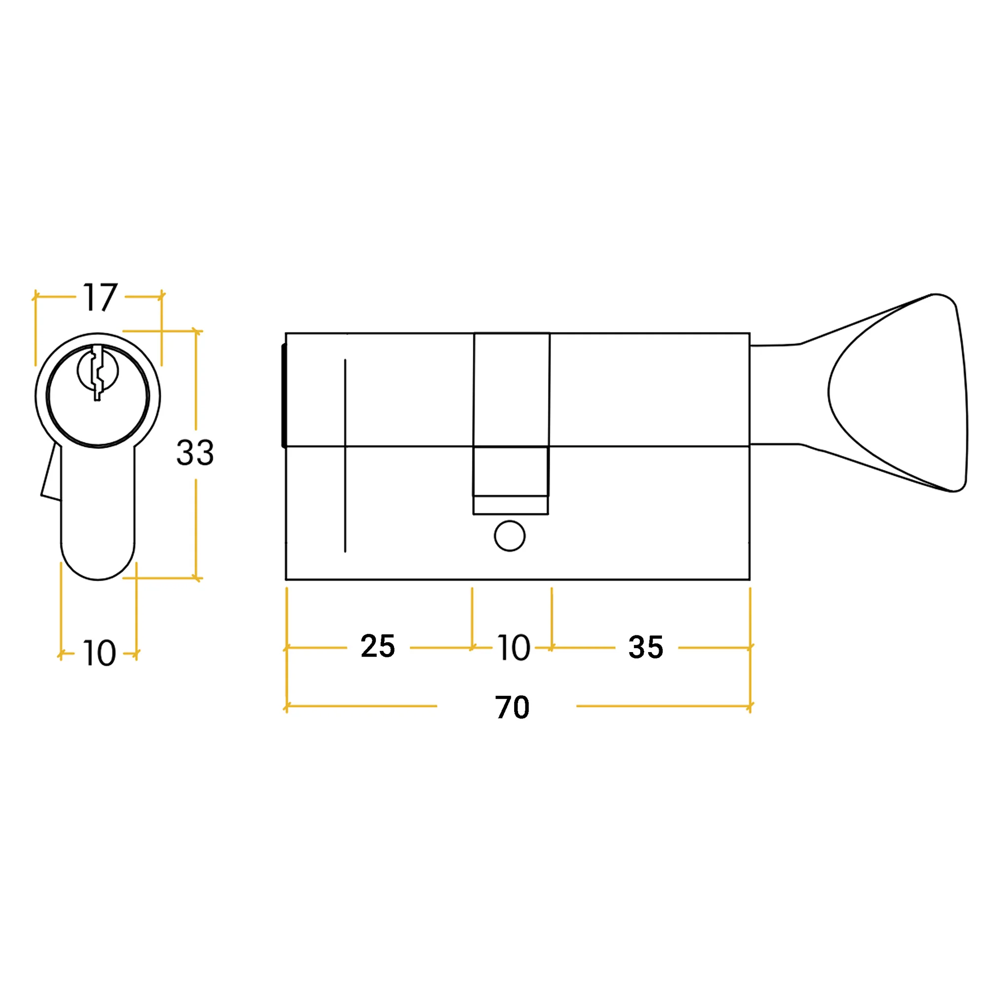 5 Pin 30/40mm 70mm [25+35+10mm] Euro Cylinder and Turn - Master Keyed - Satin Chrome - Image 2