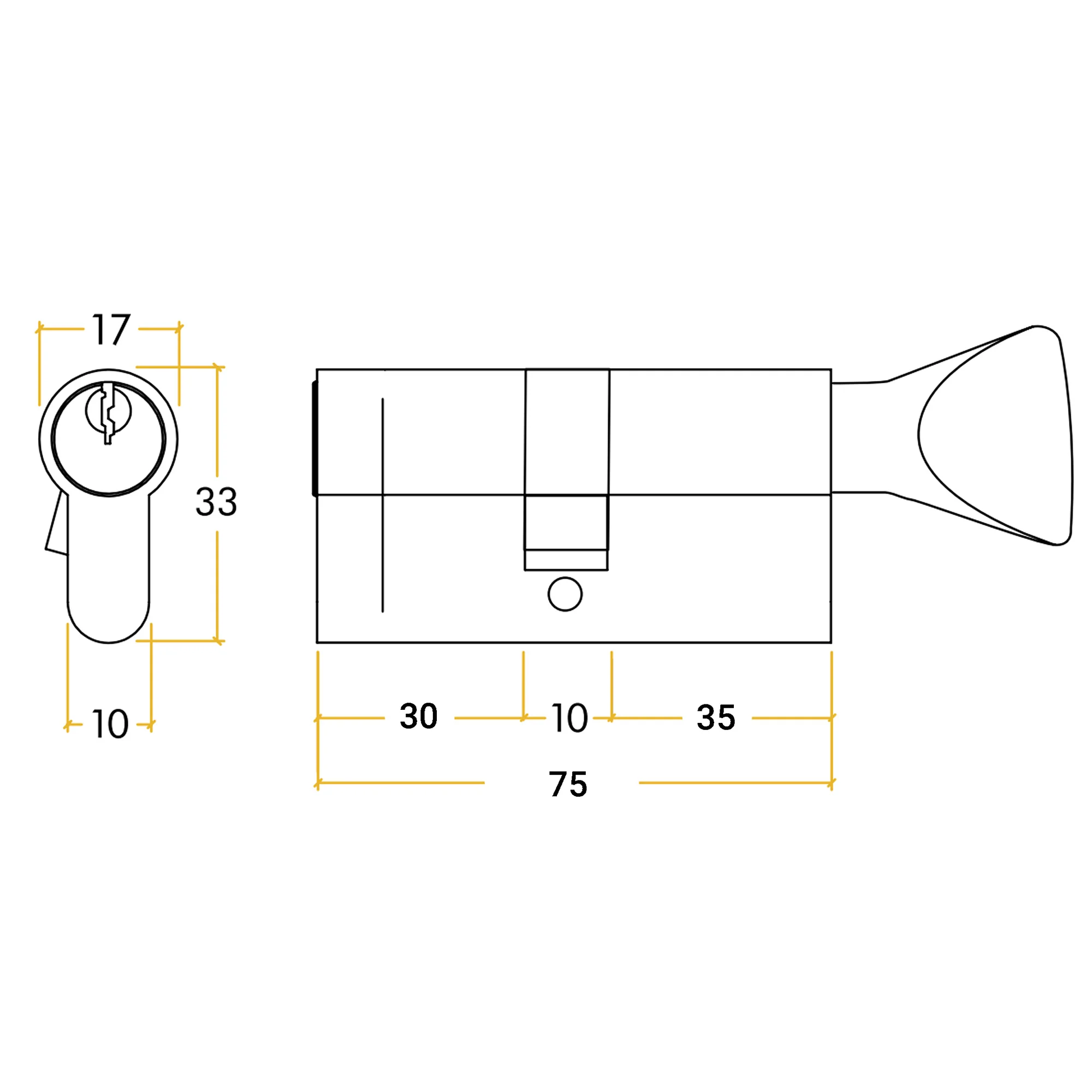 5 Pin 35/40mm 75mm [30+35+10mm] Euro Cylinder and Turn - Keyed Alike - Polished Chrome - Image 2