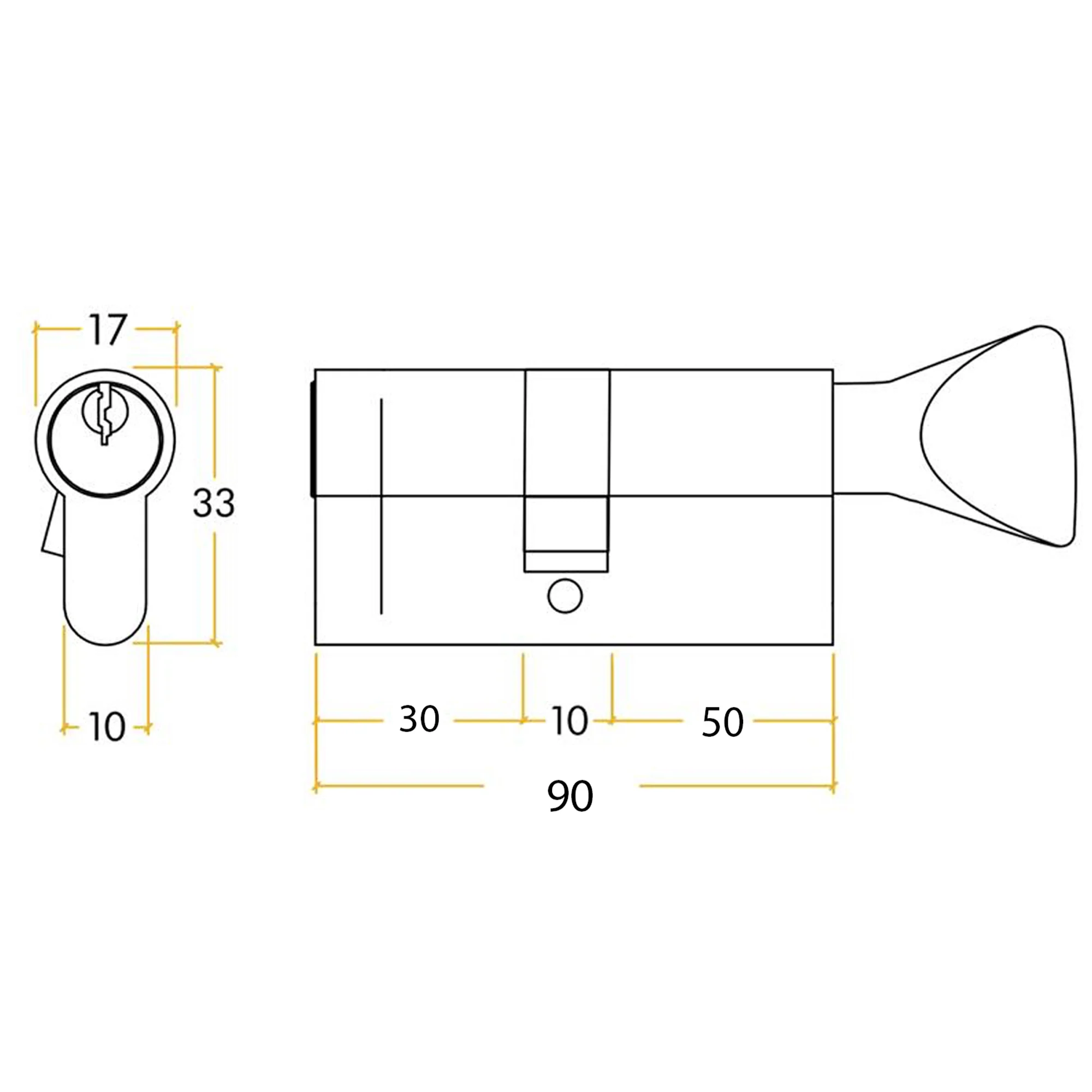5 Pin 35/55mm 90mm [30+50+10mm] Euro Cylinder and Turn - Master Keyed - Polished Brass - Image 2