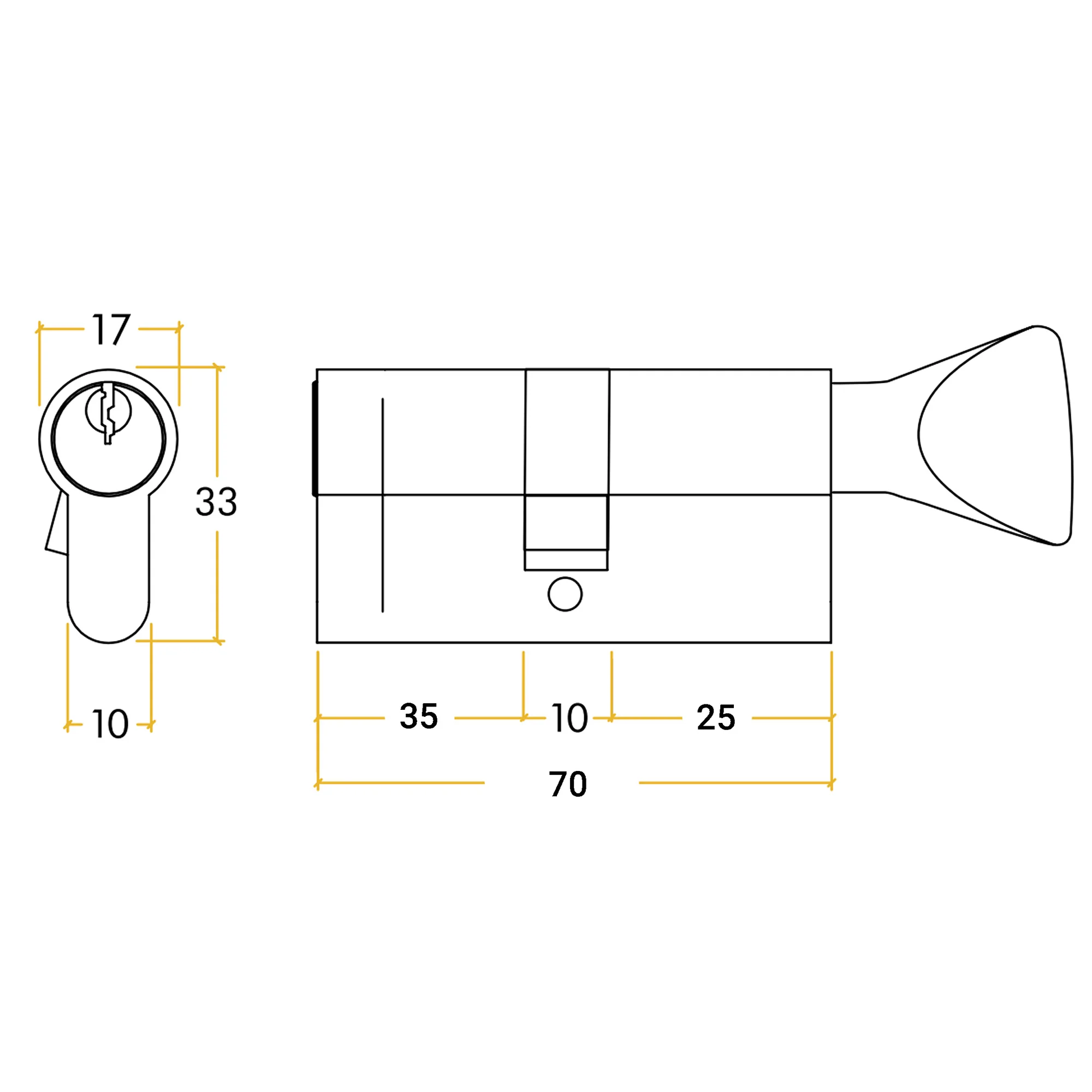 5 Pin 40/30mm 70mm [35+25+10mm] Euro Cylinder and Turn - Keyed Alike - Polished Brass - Image 2