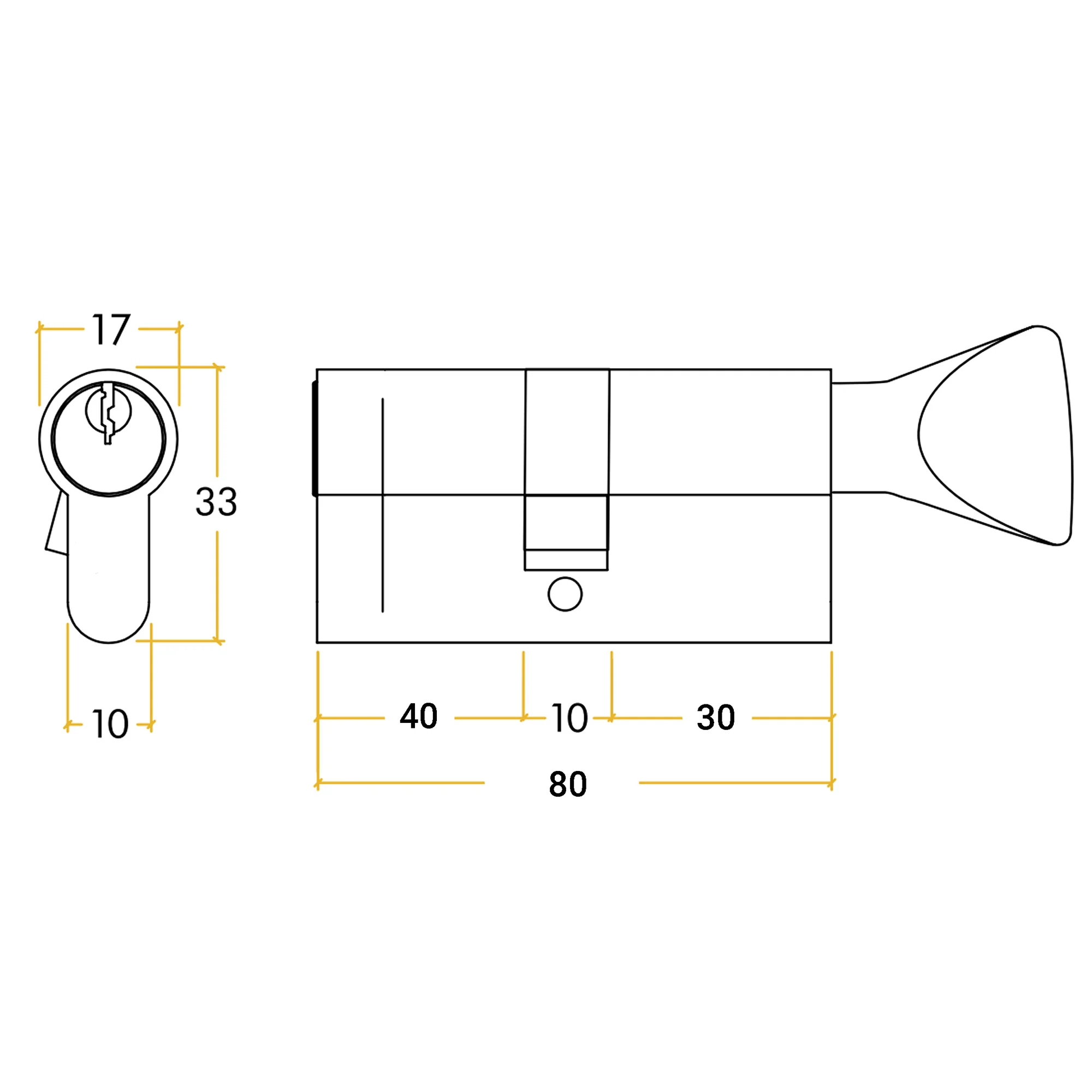 5 Pin 45/35mm 80mm [40+30+10mm] Euro Cylinder and Turn - Keyed Alike - Polished Brass - Image 2