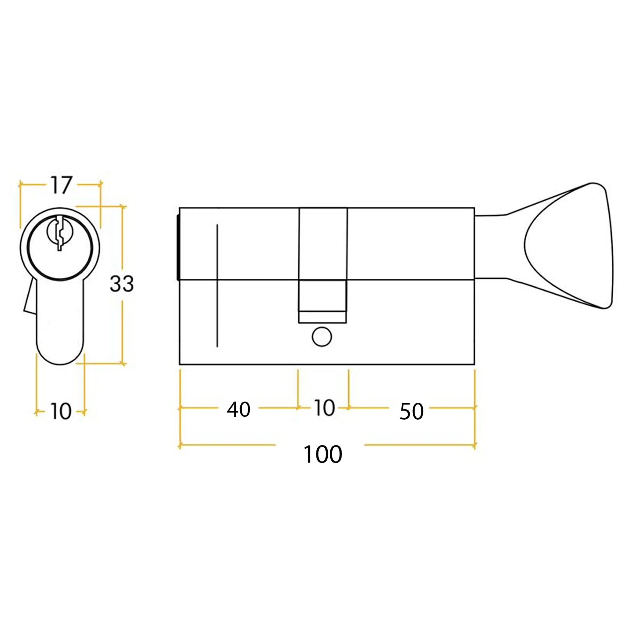 5 Pin 45/55mm 100mm [40+50+10mm] Euro Cylinder and Turn - Keyed to Differ - Polished Chrome - Image 2