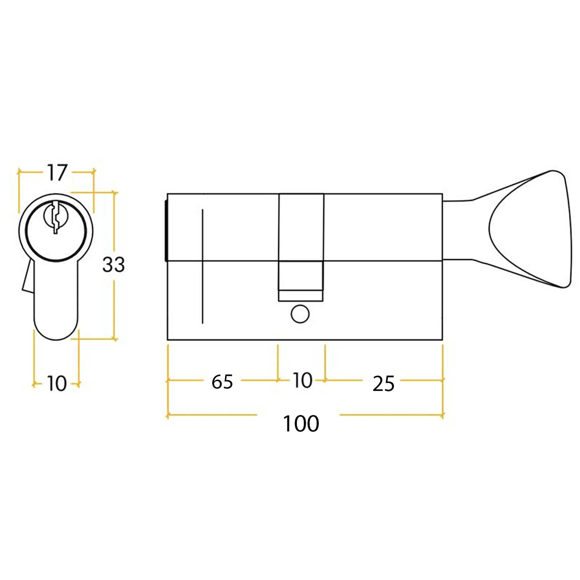 5 Pin 70/30mm 100mm [65+25+10mm] Euro Cylinder and Turn - Keyed to Differ - Polished Chrome - Image 2
