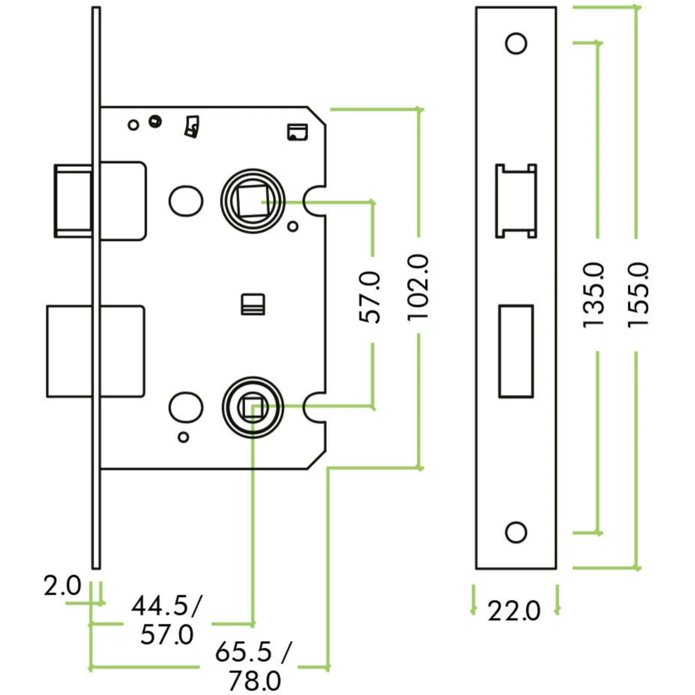 Mortice Bathroom Lock Radius Faceplate - 64mm Case / 44mm Backset - PVD Brass - Image 3
