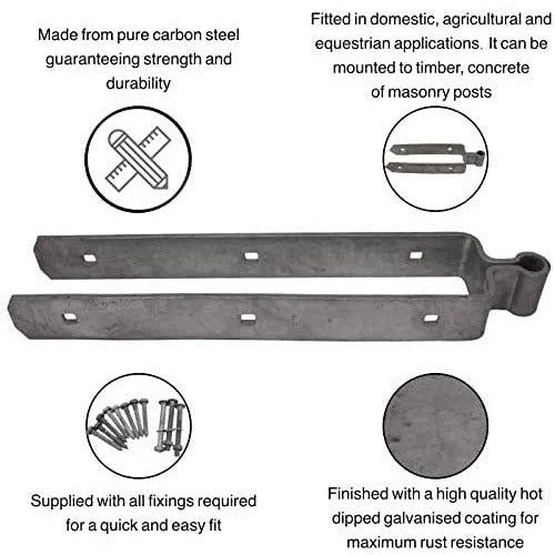 Field Gate Hinge Set Double Strap Adjustable Hook On Plate - (24" / 600mm) - Hot Dip Galvanised - Image 3