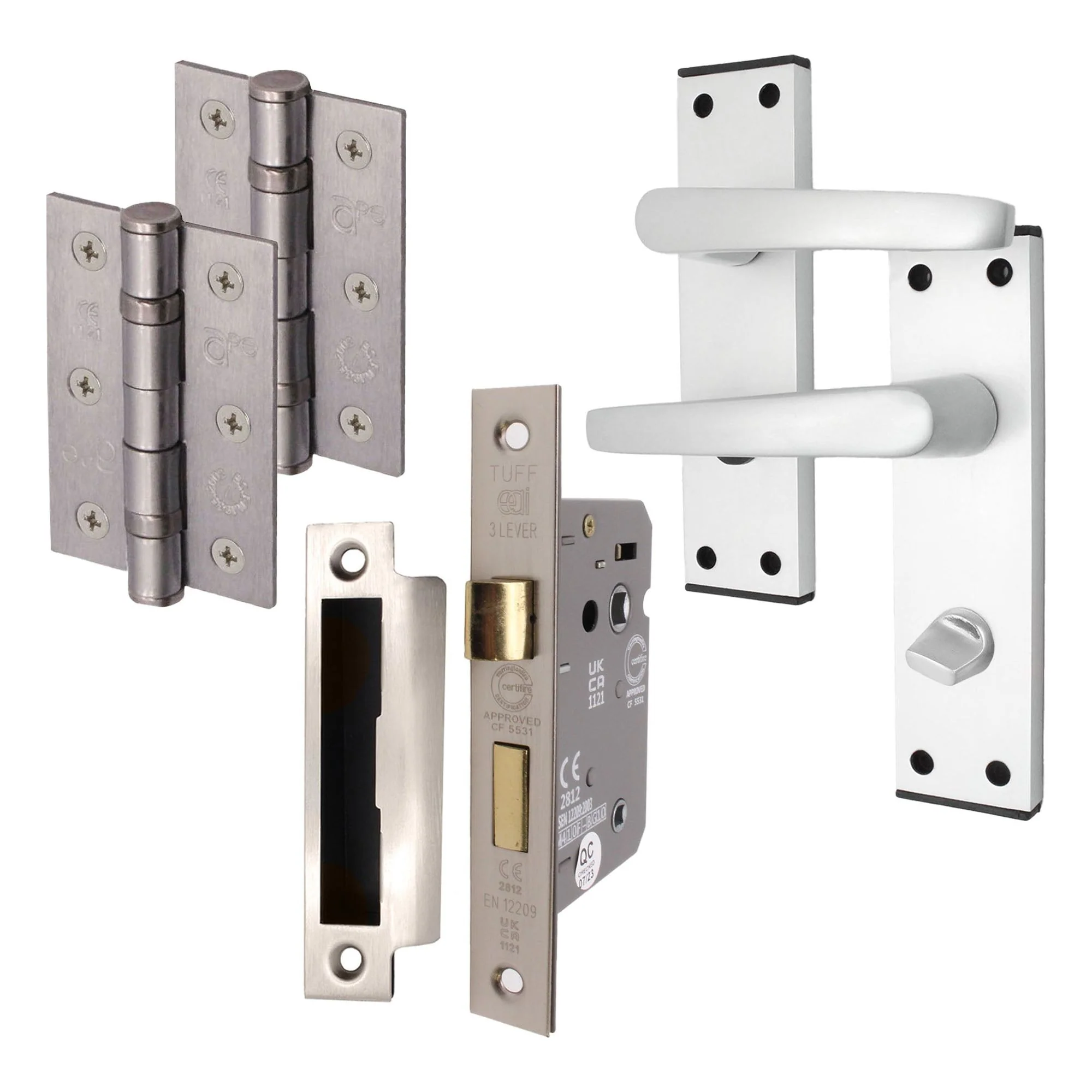 Aluminium Council Lever Bathroom Pack - 150 x 40mm - 66mm Lock x 76mm Hinges - Satin Aluminium
