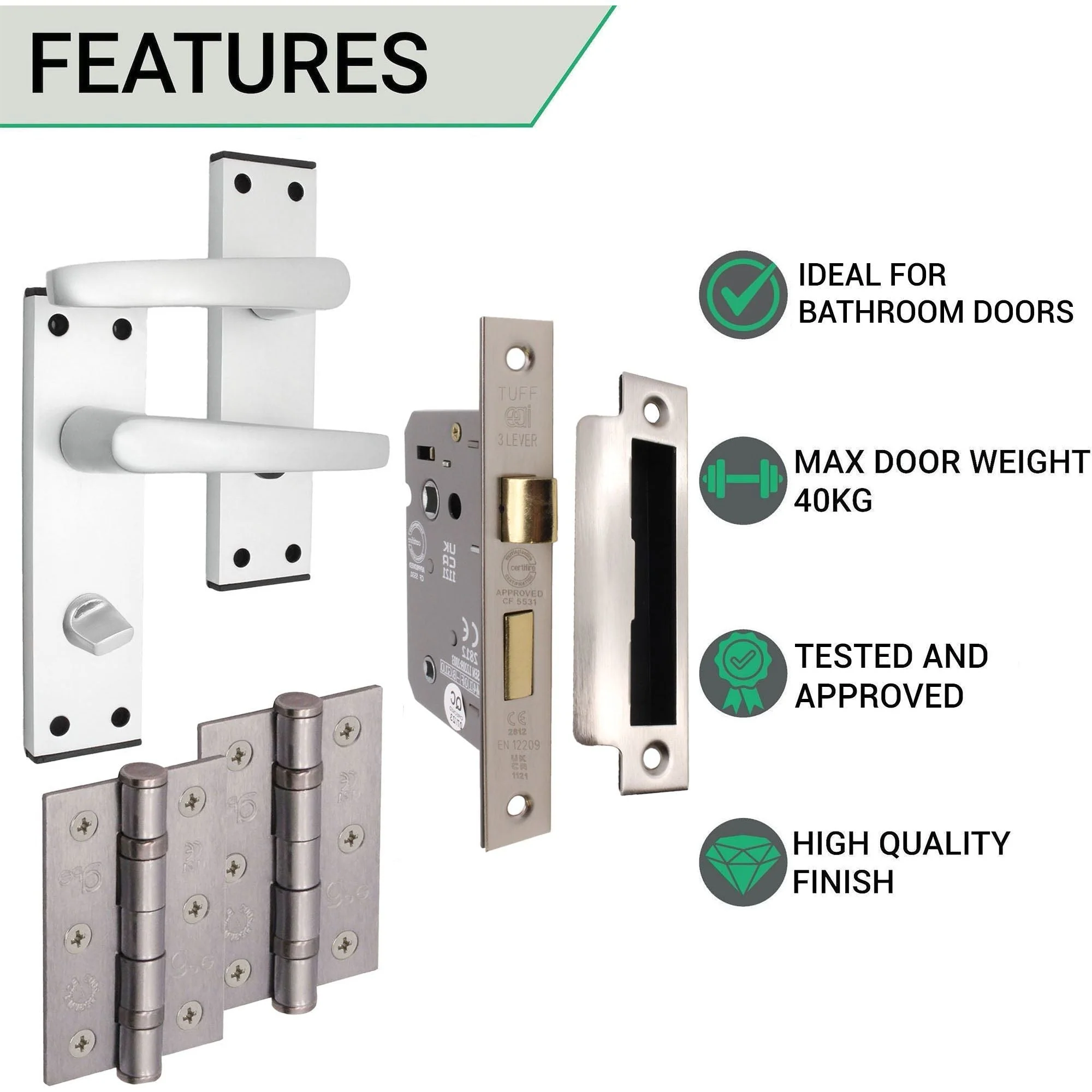 Aluminium Council Lever Bathroom Pack - 150 x 40mm - 66mm Lock x 76mm Hinges - Satin Aluminium - Image 3