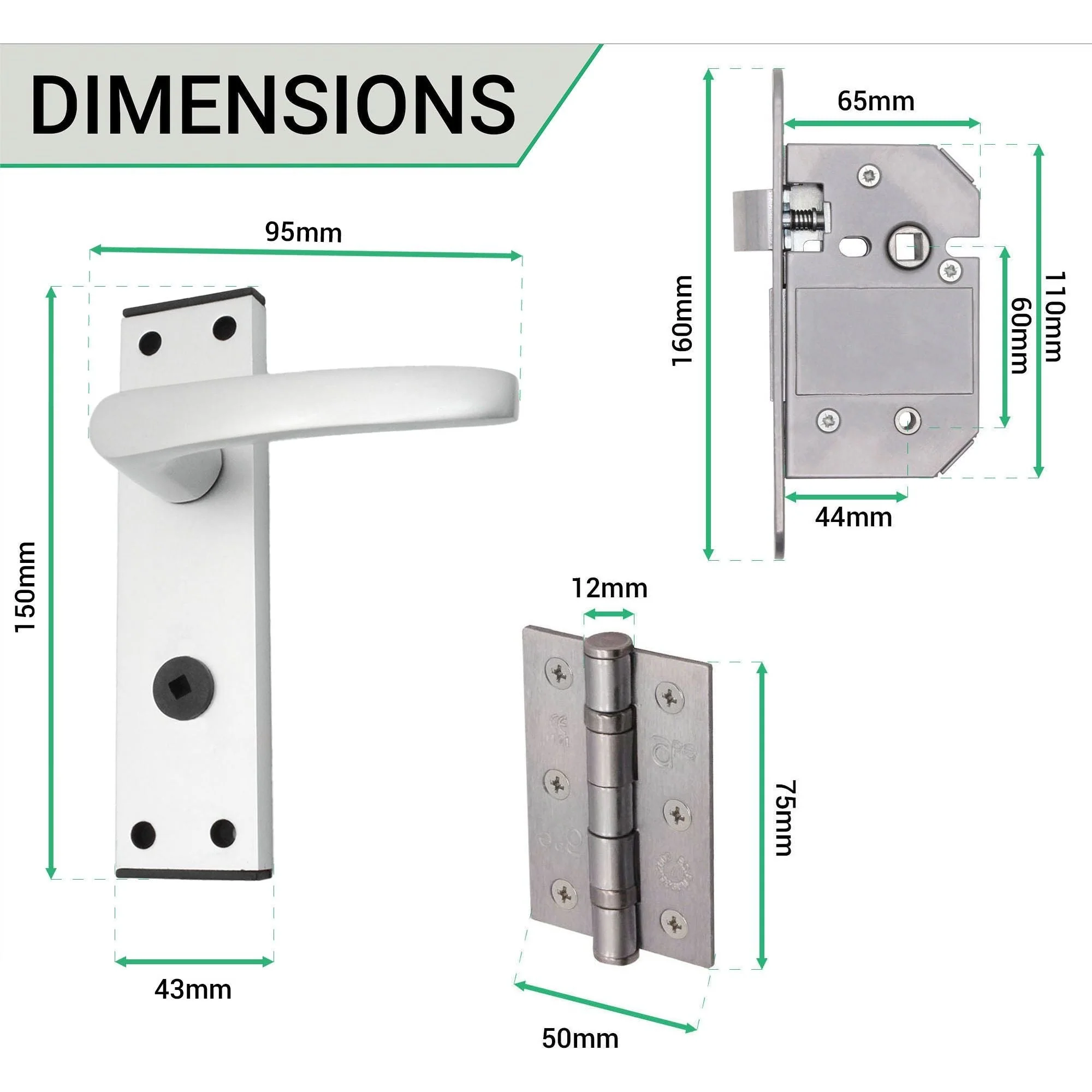 Aluminium Council Lever Bathroom Pack - 150 x 40mm - 66mm Lock x 76mm Hinges - Satin Aluminium - Image 4
