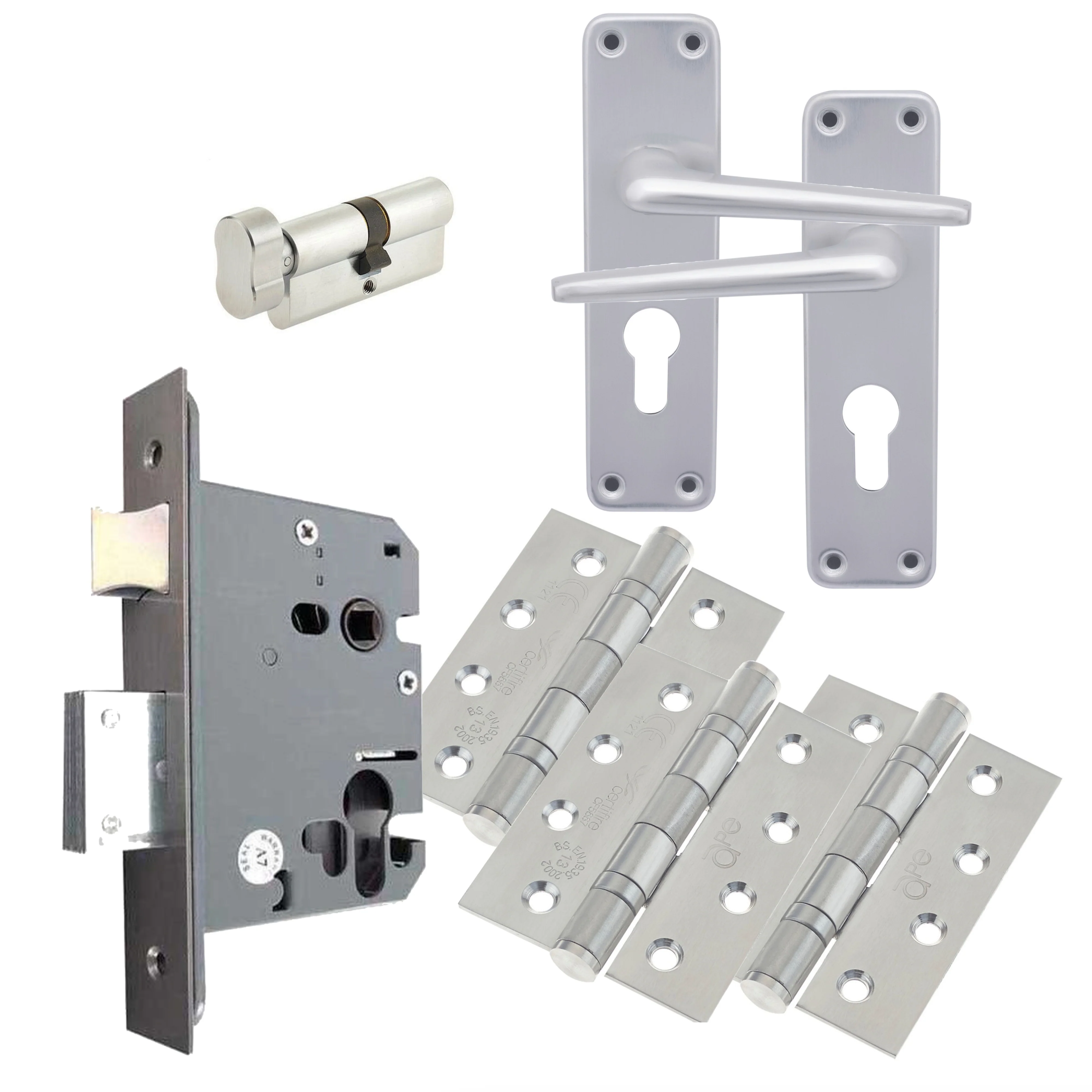 Aluminium Contractor Lever Euro Lock Cylinder & Turn Kit 48.5mm c/c Set - 154x41mm - Satin