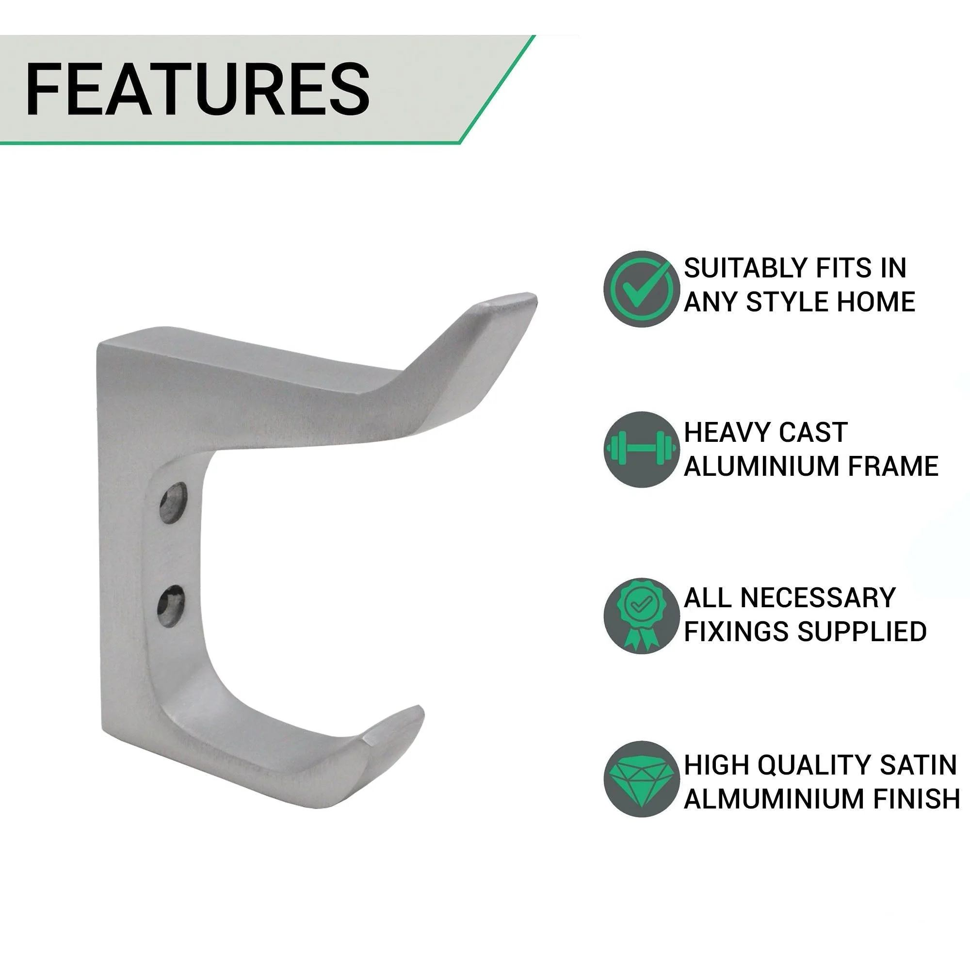 Aluminium Heavy Duty Architectural Hat & Coat Hook - 90mm - SAA Satin - Image 2