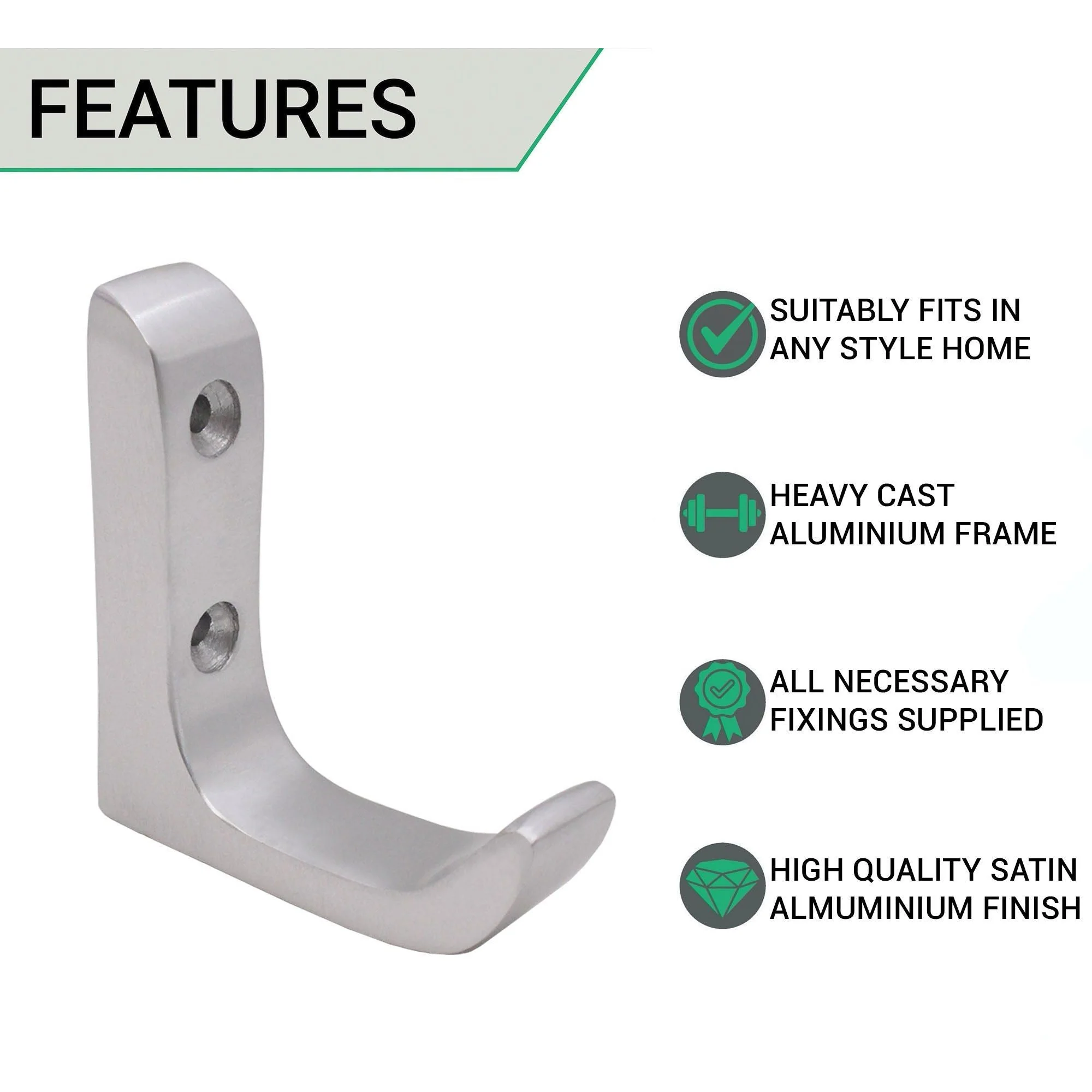 Aluminium Heavy Duty Architectural Robe / Coat Hook - 60mm - SAA Satin - Image 2