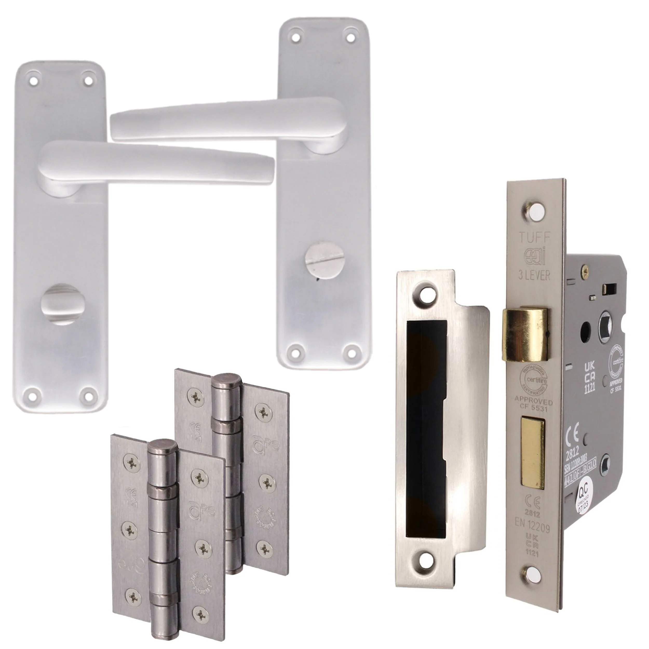 Aluminium Lever Door Handle Bathroom Kit Pack - 153 x 40mm - Satin Aluminium