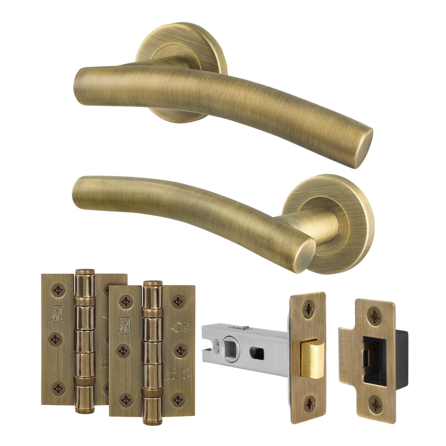 Arched Antique Brass Lever on Rose Door Handle Pack - 64mm Latch