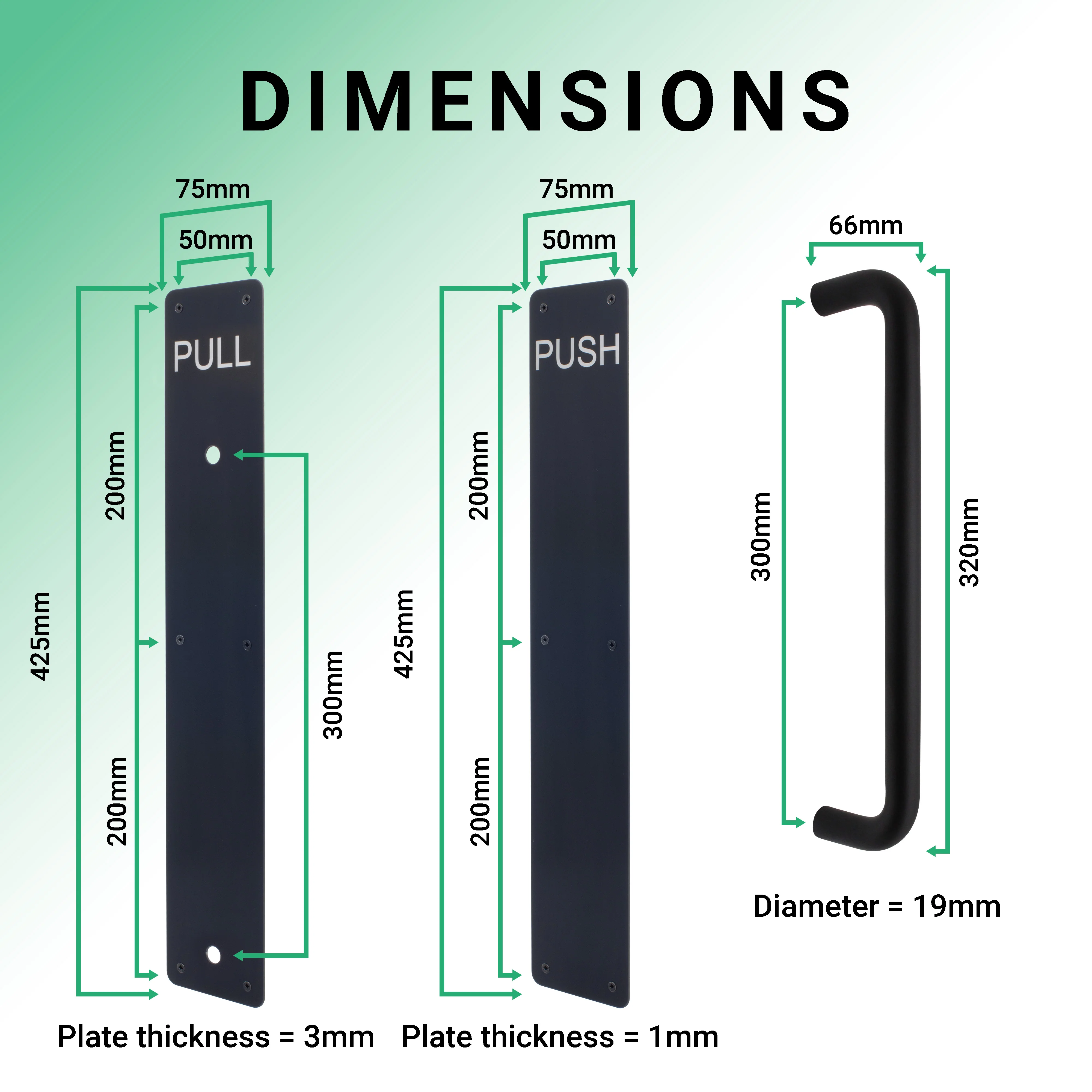 Architectural Pull Handle On Plate & Push Plate Kit - 425 x 75mm - Matt Black - Image 4