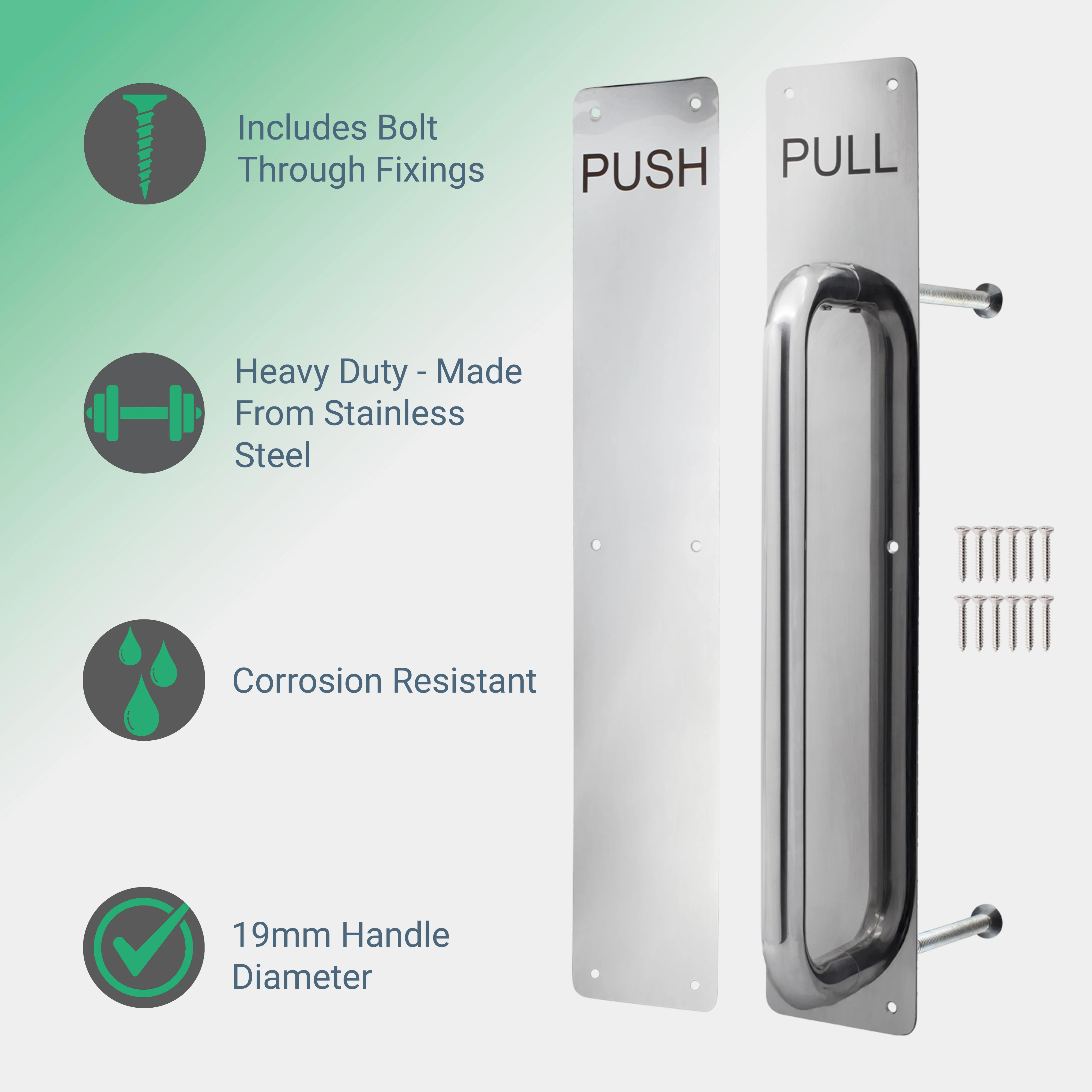 Architectural Pull Handle On Plate & Push Plate Kit - 425 x 75mm - Polished Stainless Steel - Image 2