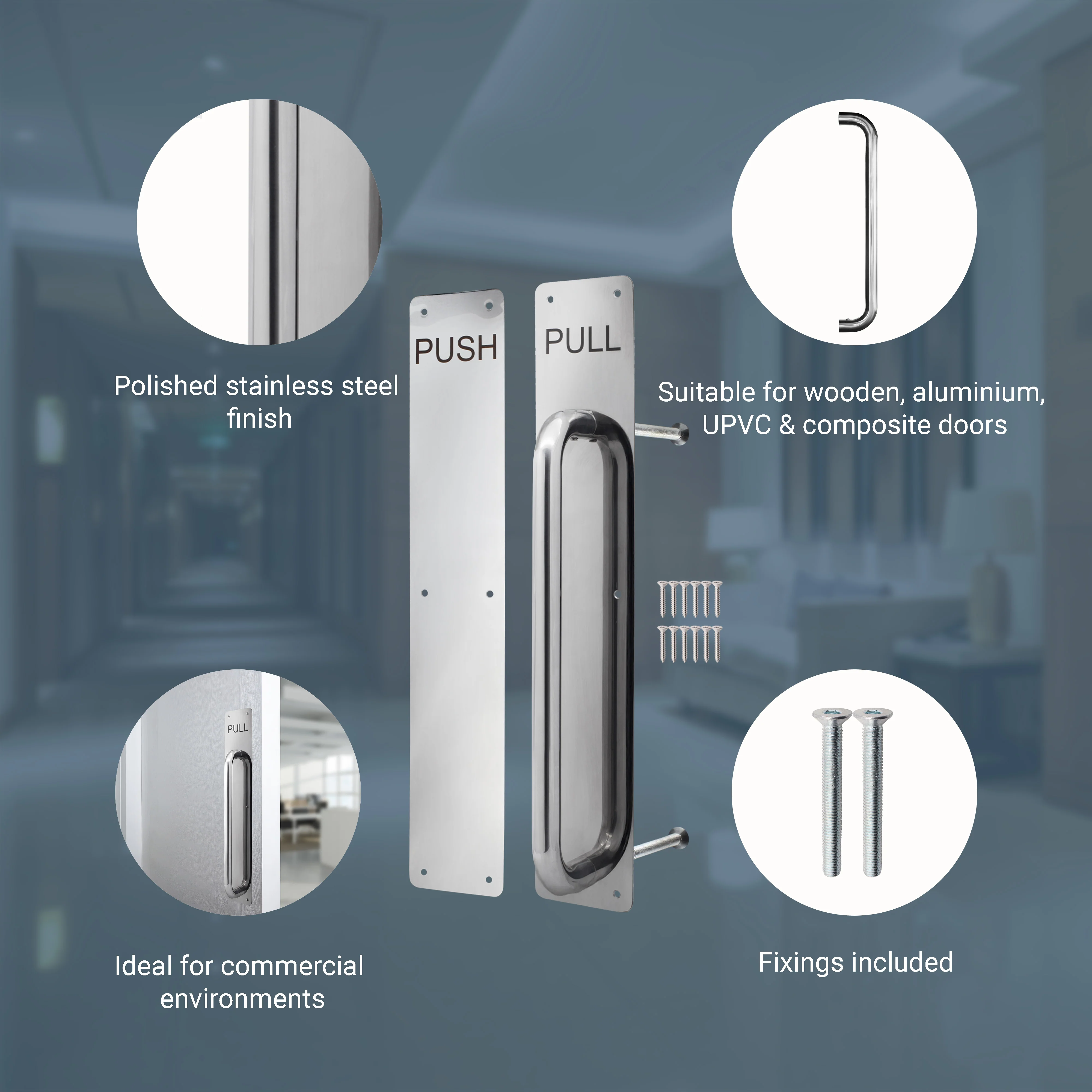 Architectural Pull Handle On Plate & Push Plate Kit - 425 x 75mm - Polished Stainless Steel - Image 3