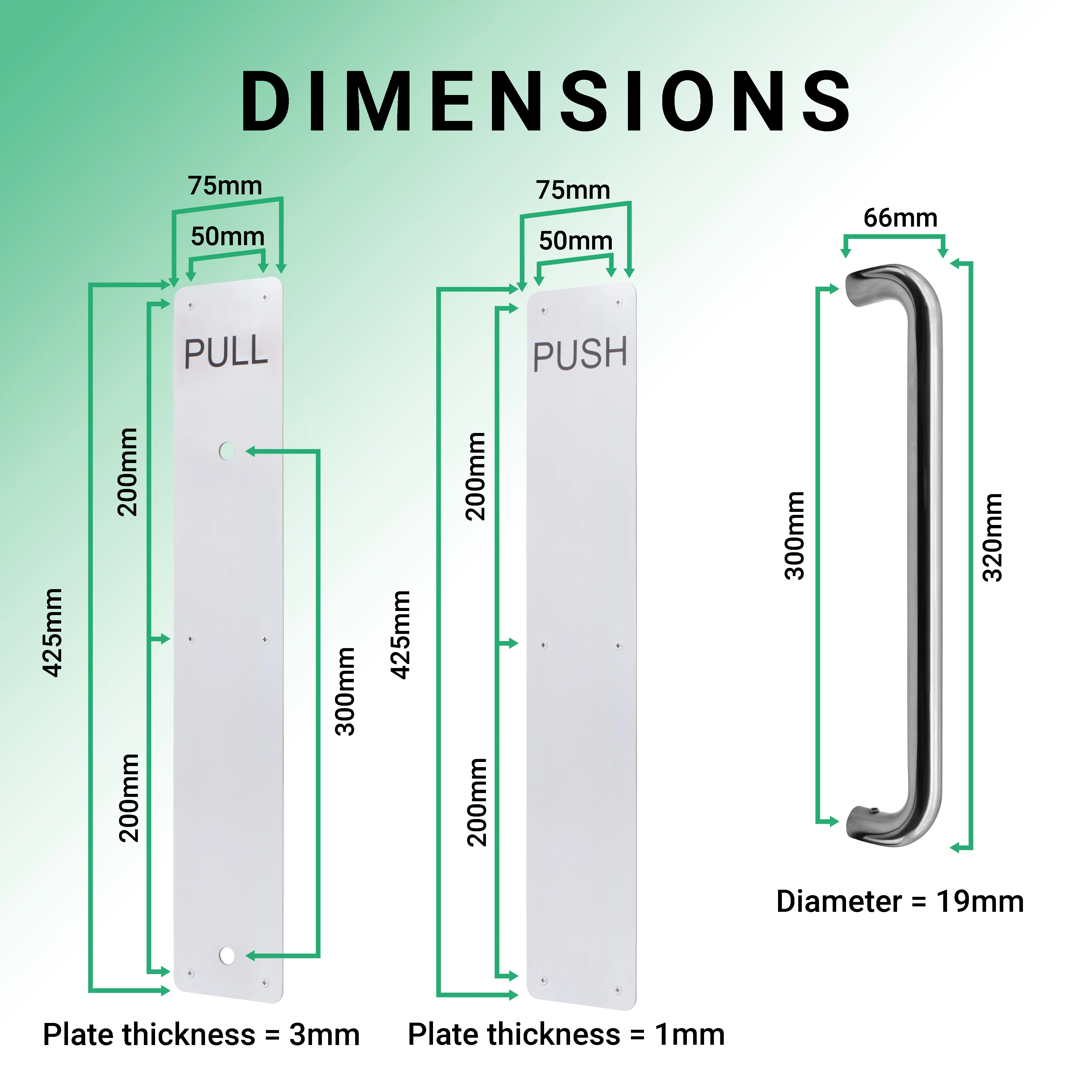 Architectural Pull Handle On Plate & Push Plate Kit - 425 x 75mm - Polished Stainless Steel - Image 4