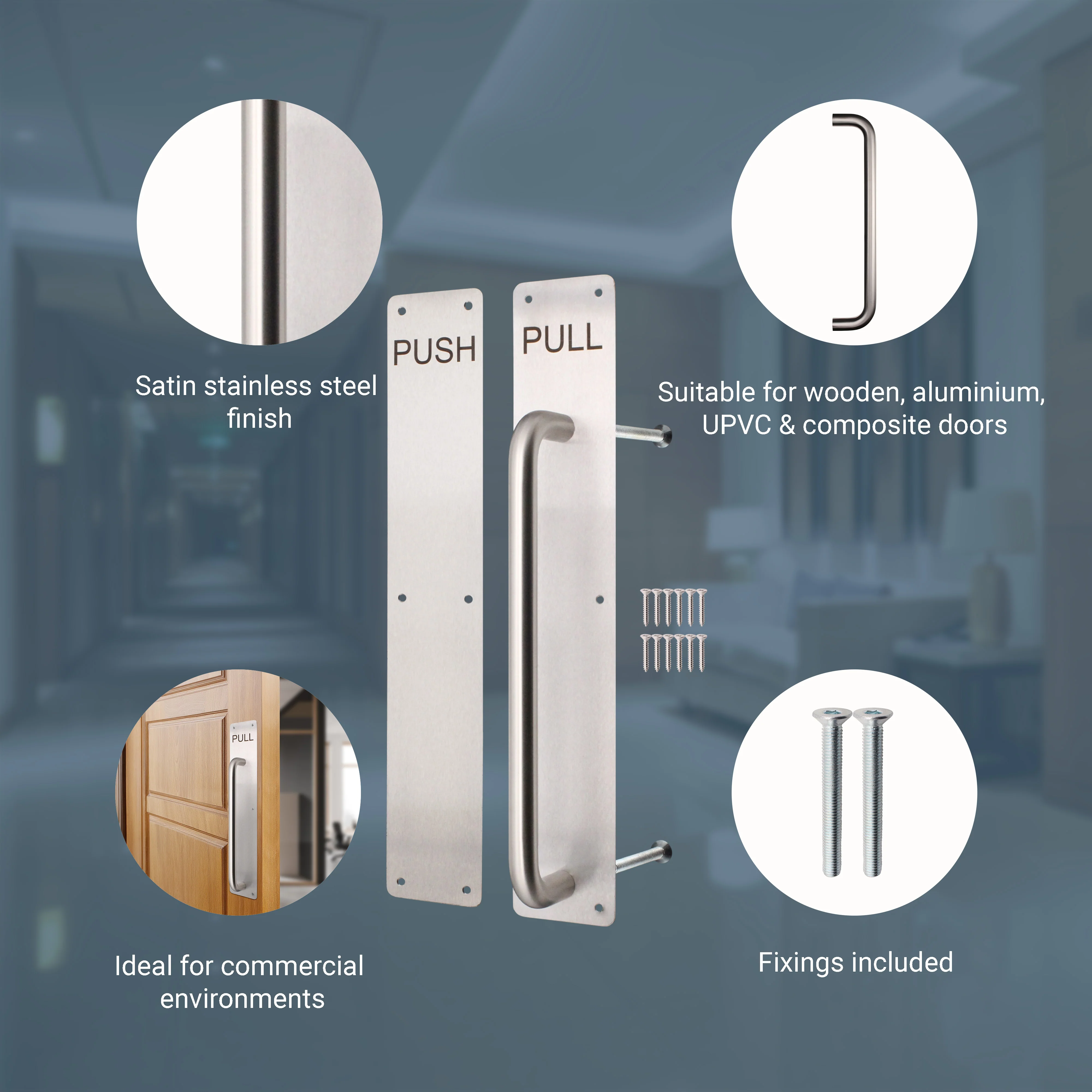 Architectural Pull Handle On Plate & Push Plate Kit - 425 x 75mm - Satin Stainless Steel - Image 3