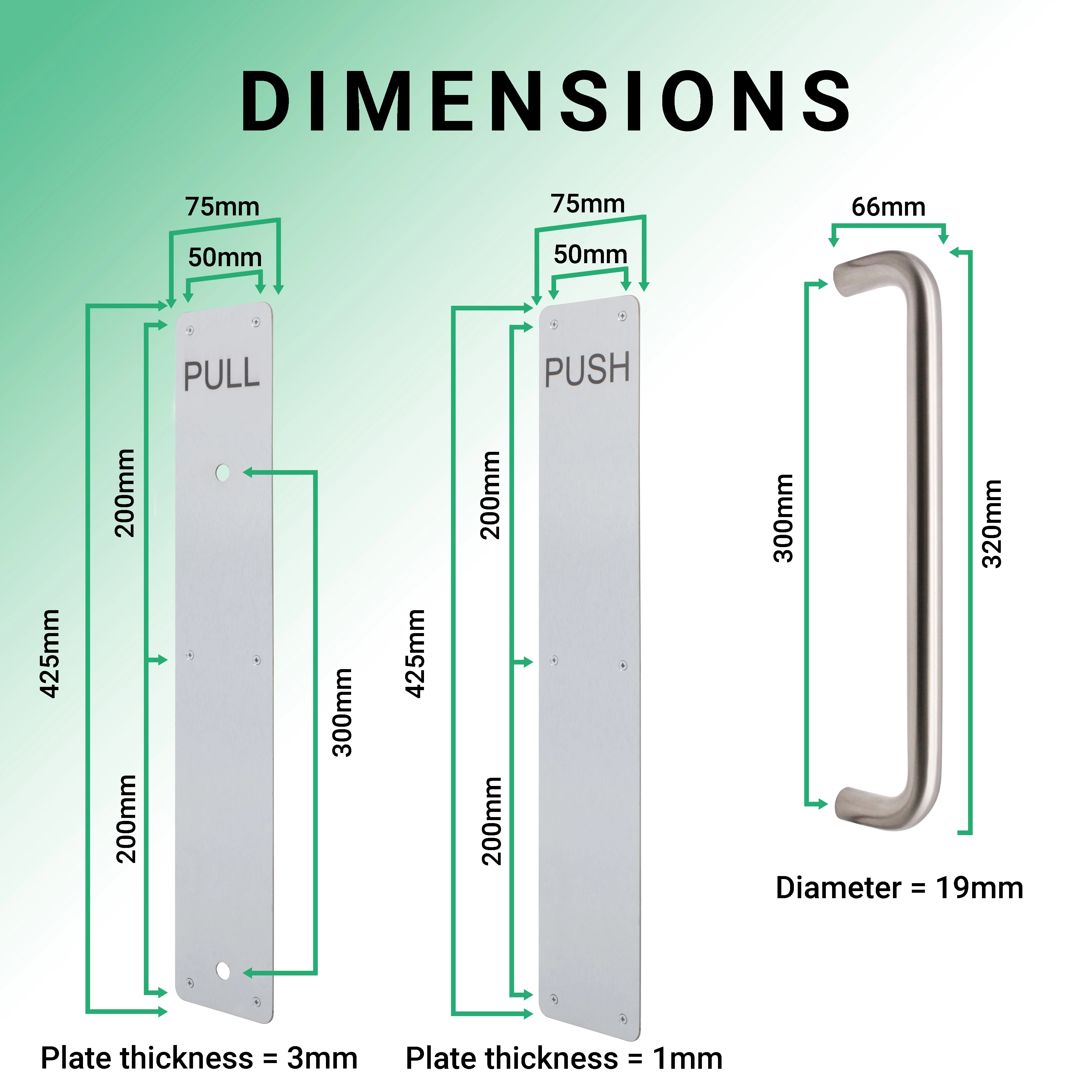 Architectural Pull Handle On Plate & Push Plate Kit - 425 x 75mm - Satin Stainless Steel - Image 4