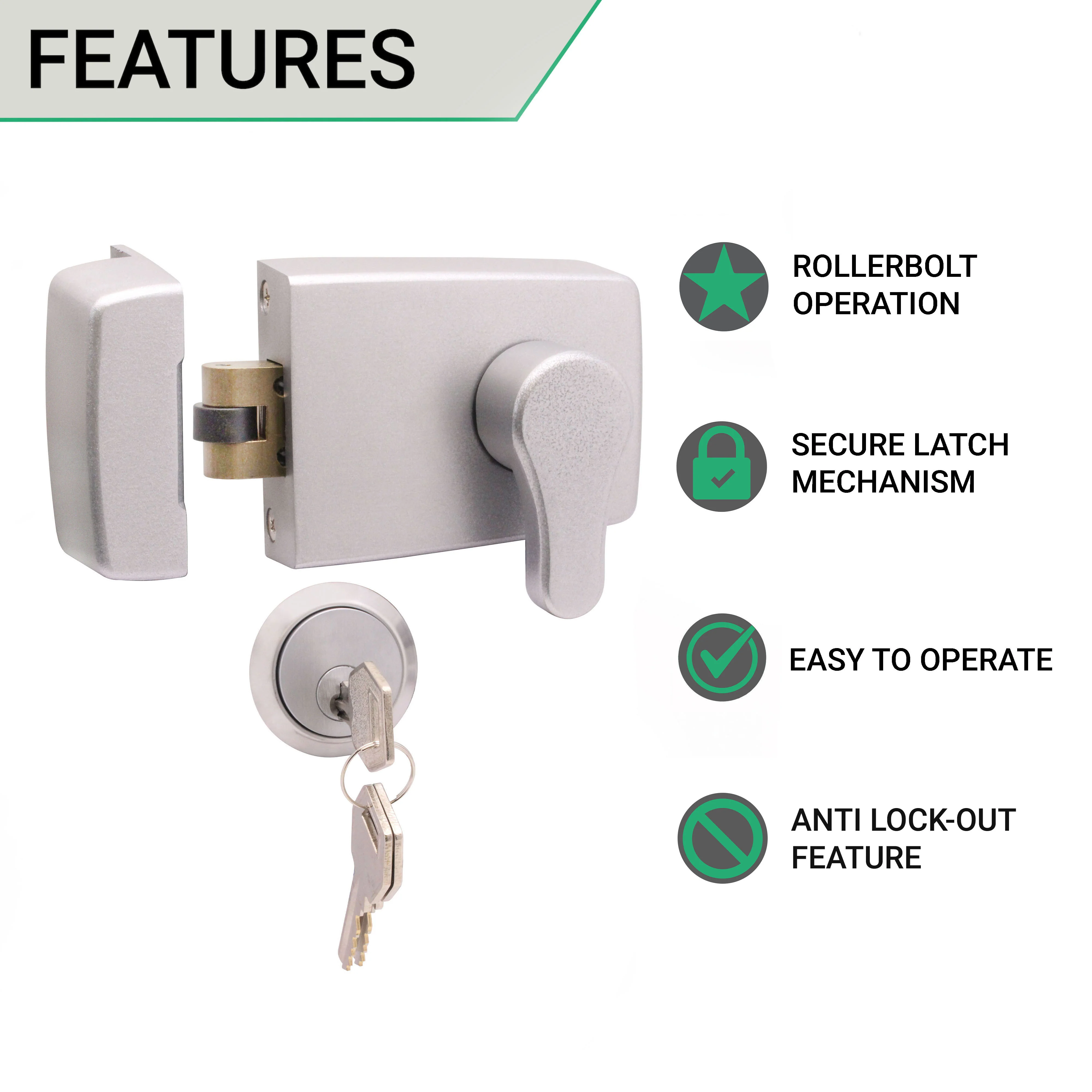 Roller Bolt Night Latch - Silver & Satin Cylinder 60mm Backset - Image 2