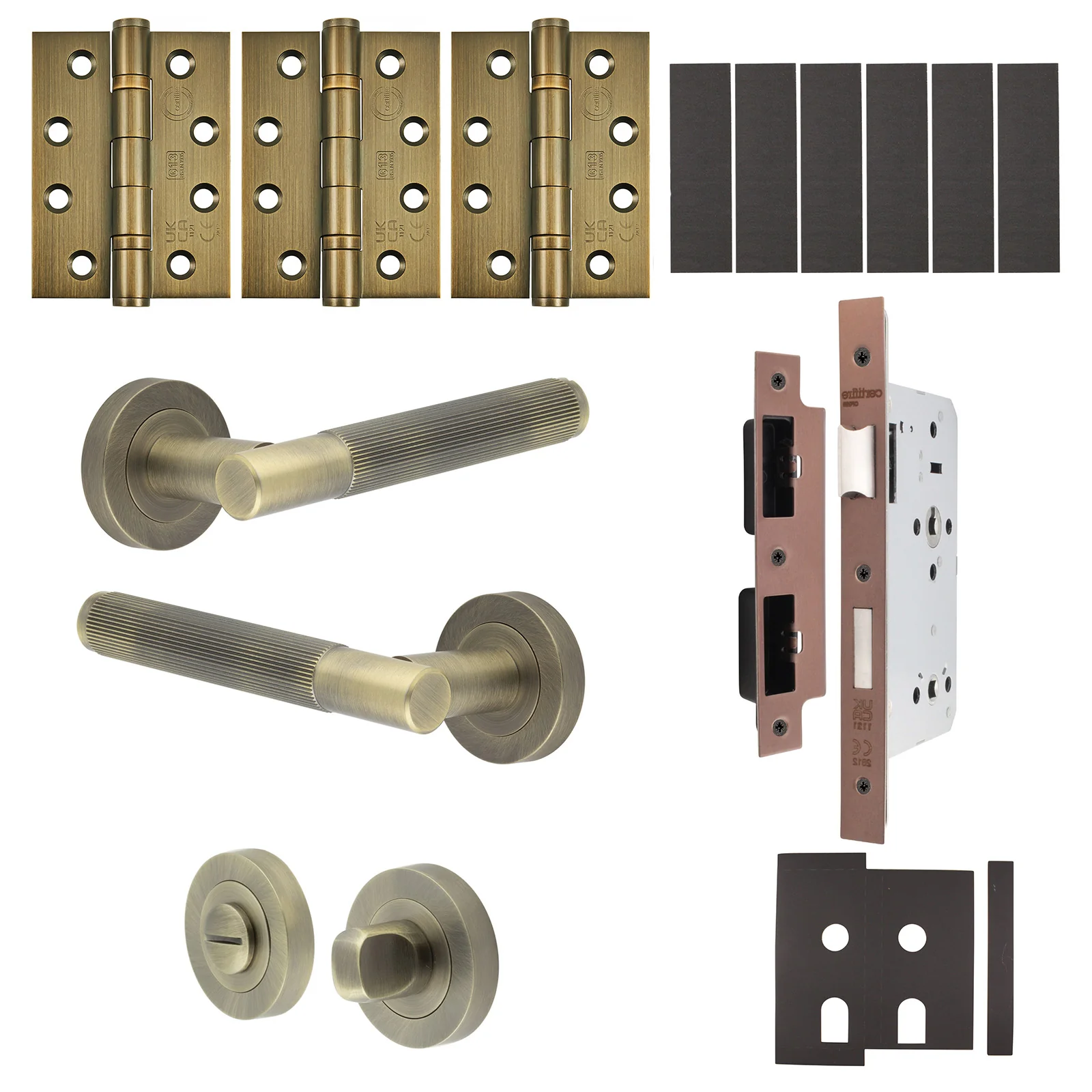 Aurora Antique Brass Lever on Rose Door Handle Kit - Heavy Duty FD30/60 - DIN Bathroom Lock