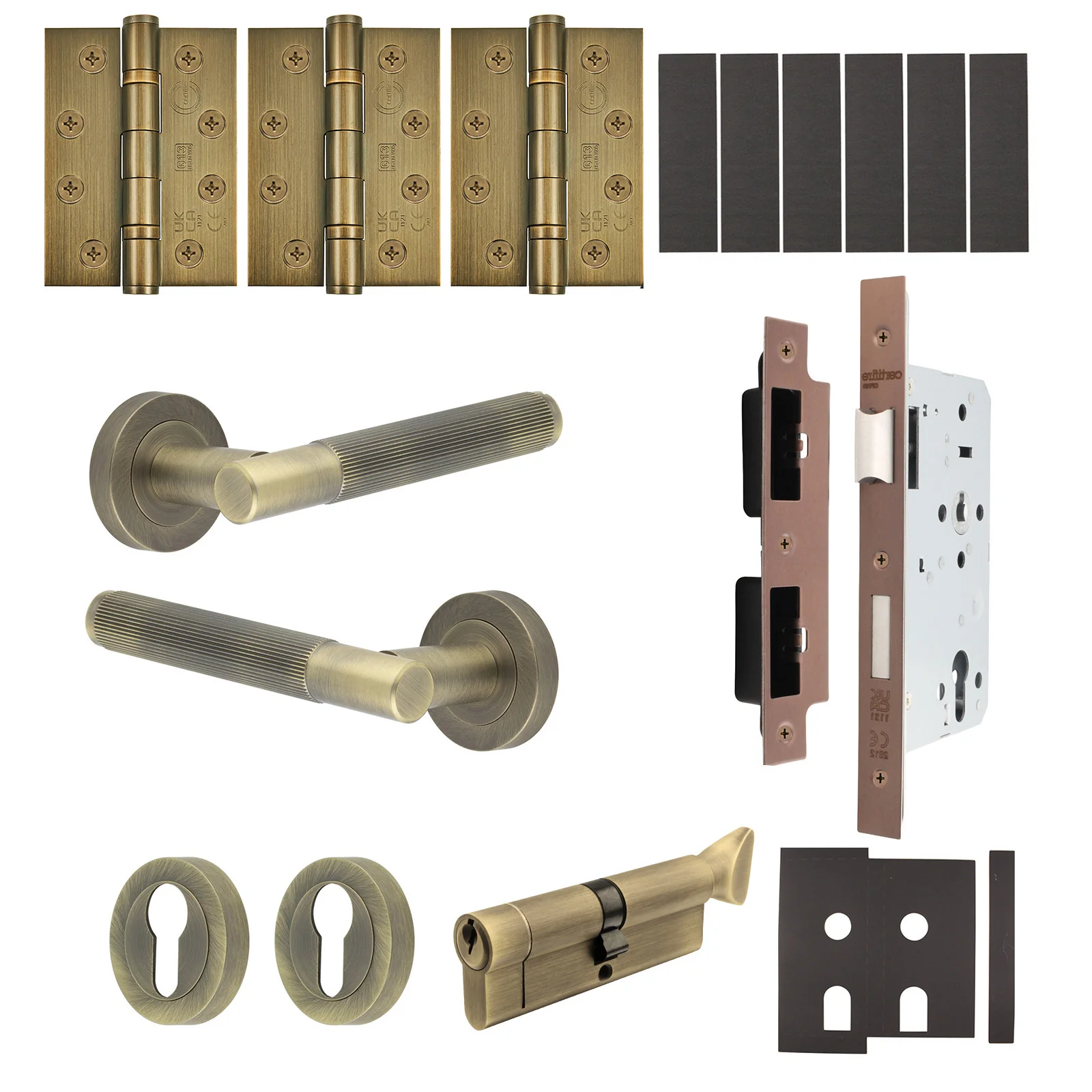 Aurora Antique Brass Lever on Rose Door Handle Kit - Heavy Duty FD30/60 - DIN Euro Sashlock and Thumbturn Cylinder - Master Keyed
