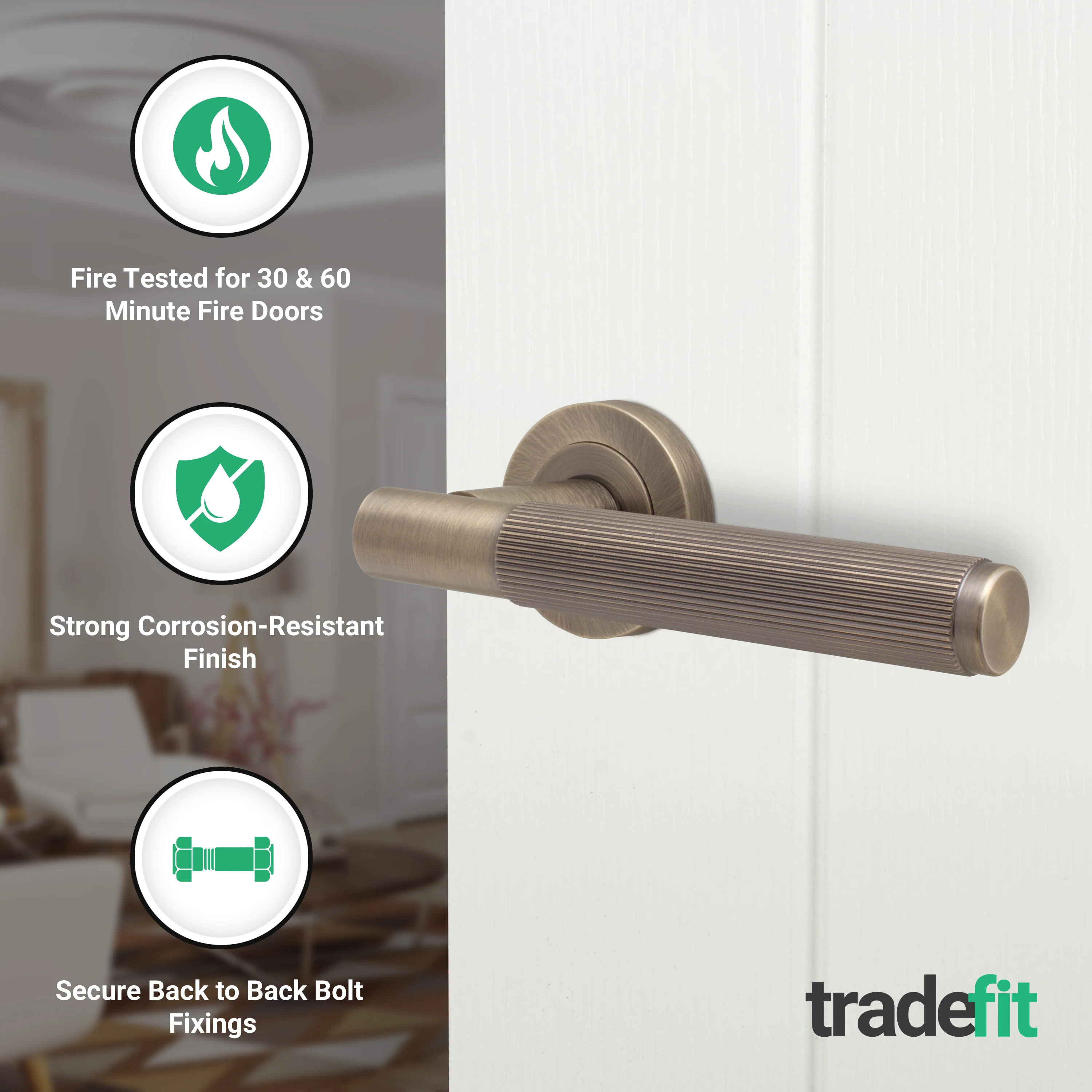 Aurora Antique Brass Lever on Rose Door Handle Kit - Medium Duty FD30/60 - 76mm Latch - Image 2