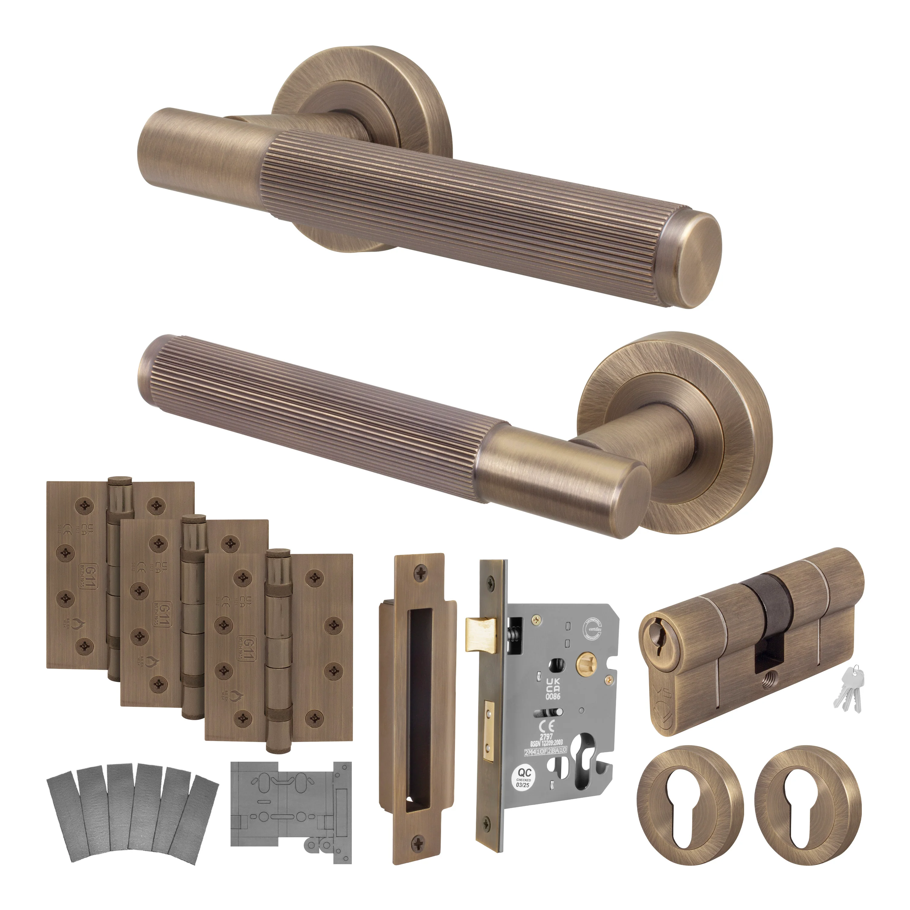 Aurora Antique Brass Lever on Rose Door Handle Kit - Medium Duty FD30/60 - 80mm Euro Sashlock and Double Cylinder - Master Keyed
