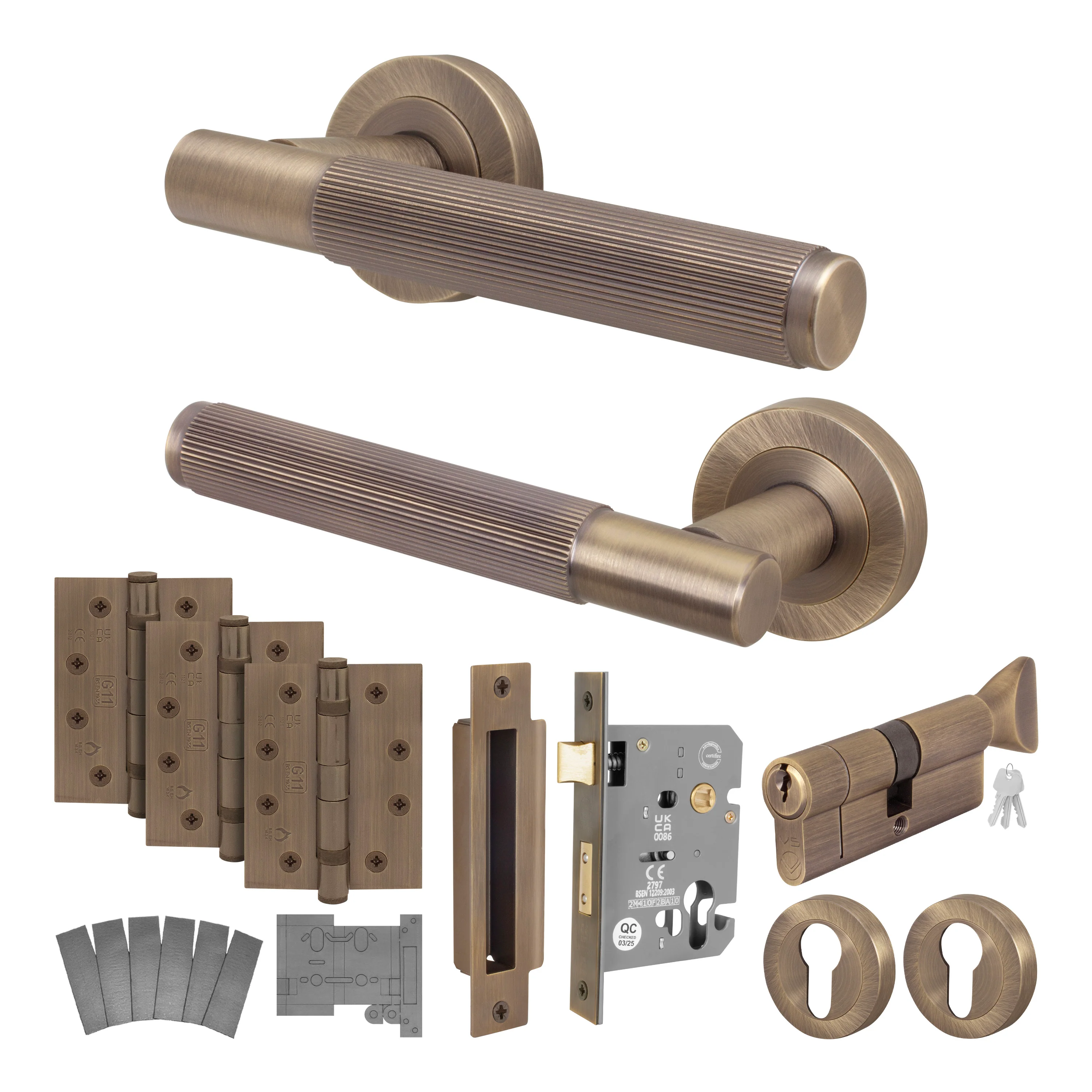 Aurora Antique Brass Lever on Rose Door Handle Kit - Medium Duty FD30/60 - 80mm Euro Sashlock and Thumbturn Cylinder - Keyed Alike