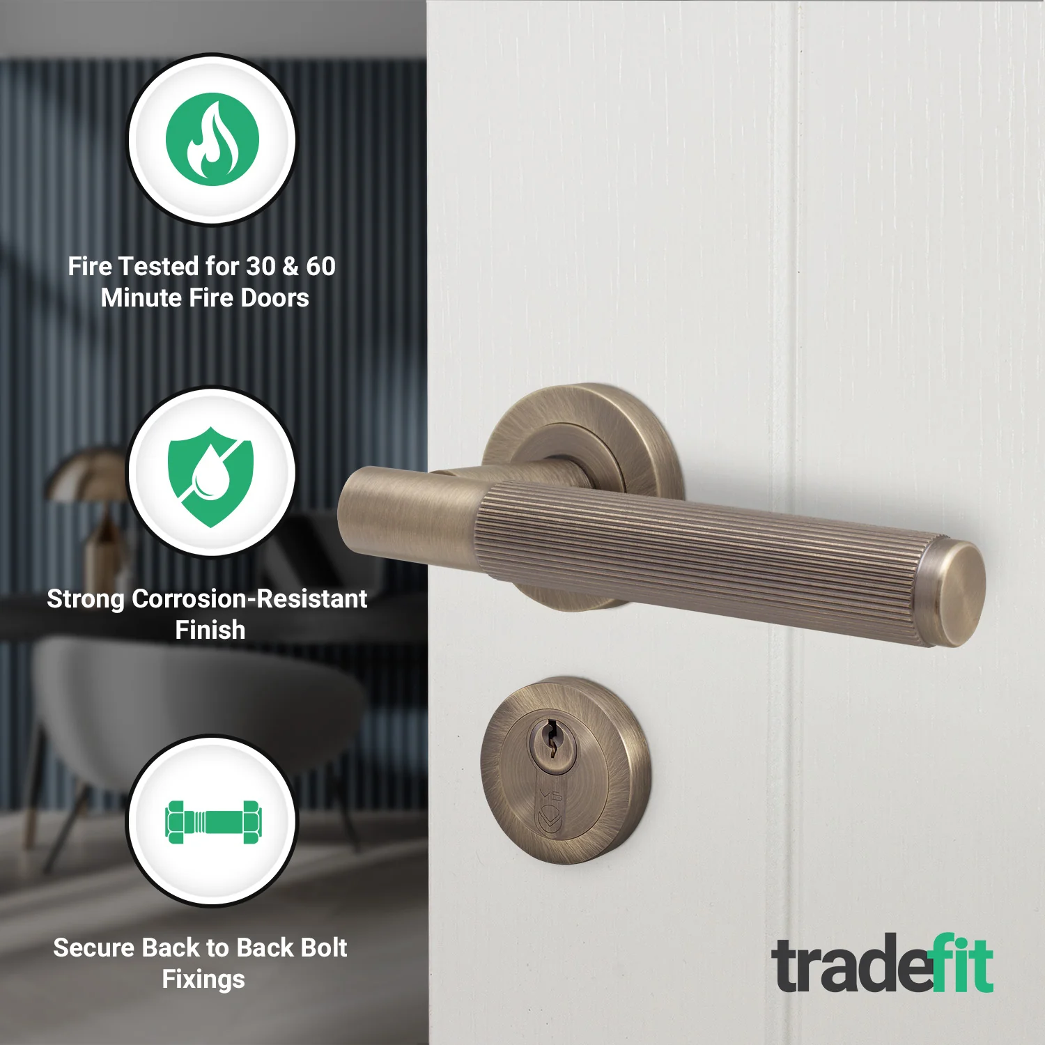 Aurora Antique Brass Lever on Rose Door Handle Kit - Medium Duty FD30/60 - 80mm Euro Sashlock and Thumbturn Cylinder - Keyed Alike - Image 2