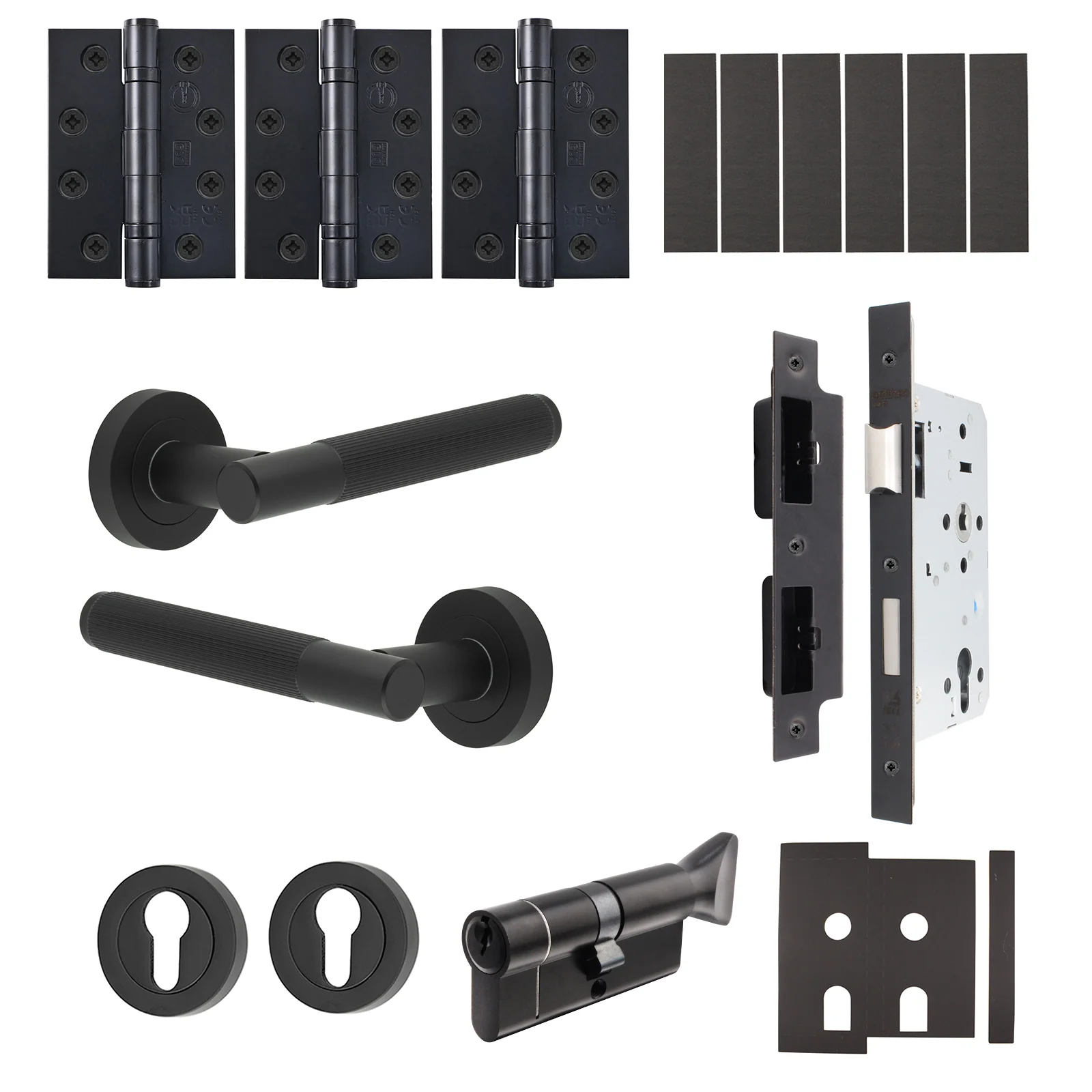 Aurora Matt Black Lever on Rose Door Handle Kit - Heavy Duty FD30/60 - DIN Euro Sashlock and Thumbturn Cylinder - Keyed to Differ
