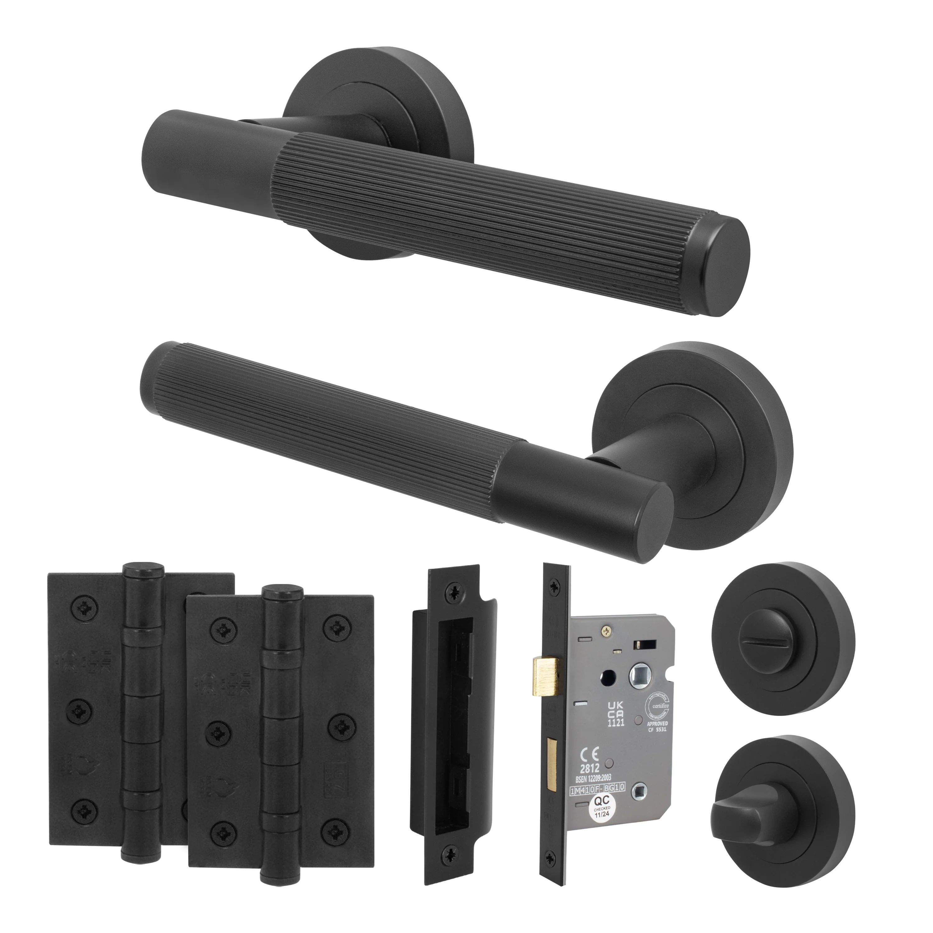 Aurora Matt Black Lever on Rose Door Handle Kit - 64mm Bathroom Lock