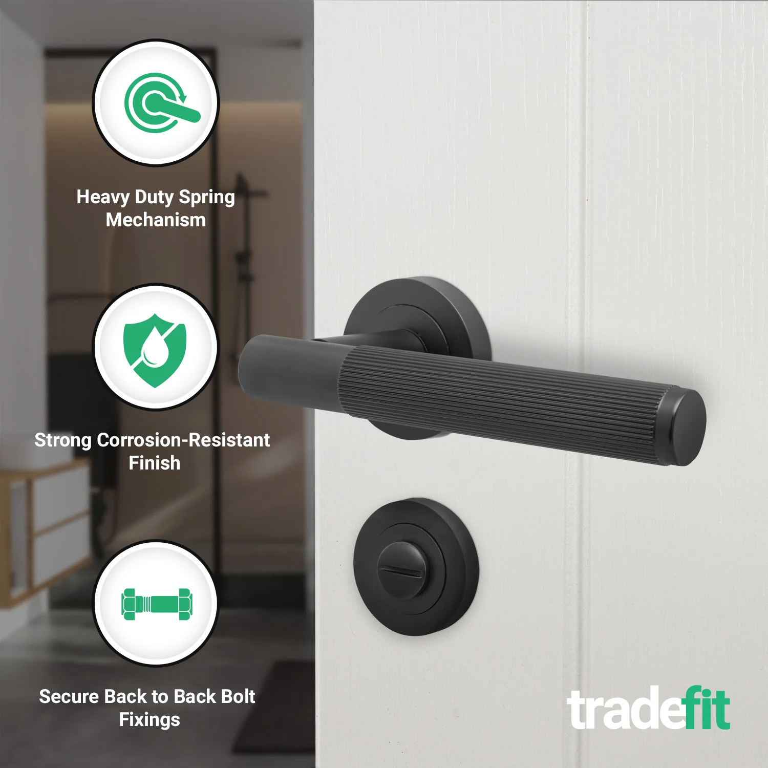 Aurora Matt Black Lever on Rose Door Handle Kit - 64mm Bathroom Lock - Image 2