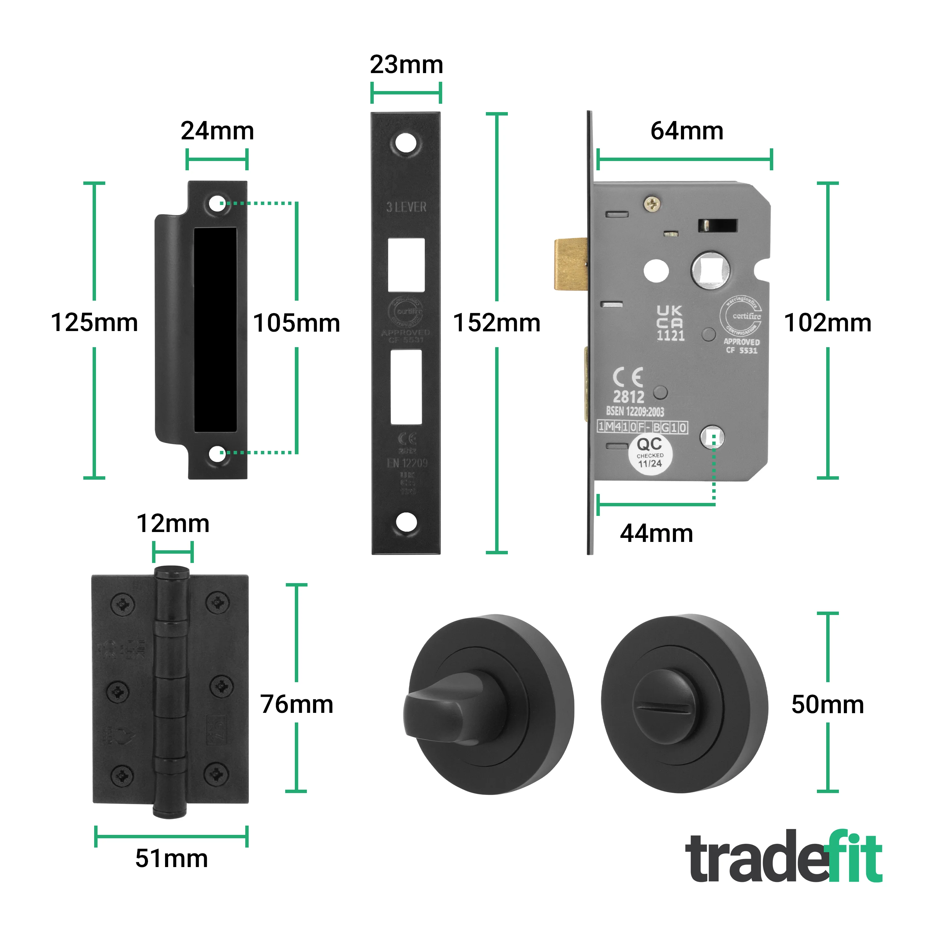 Aurora Matt Black Lever on Rose Door Handle Kit - 64mm Bathroom Lock - Image 5