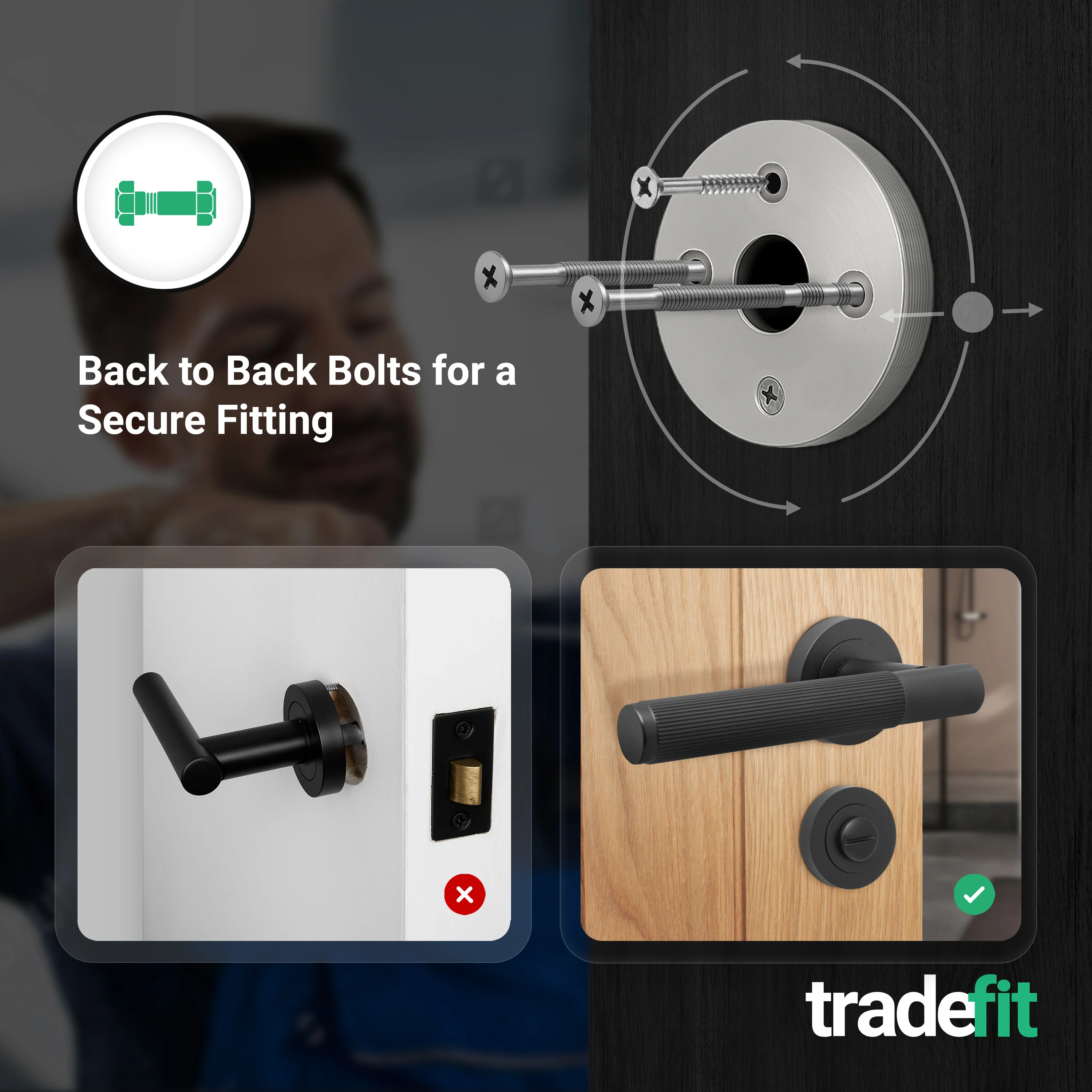 Aurora Matt Black Lever on Rose Door Handle Kit - Medium Duty FD30/60 - 80mm Bathroom Lock - Image 3