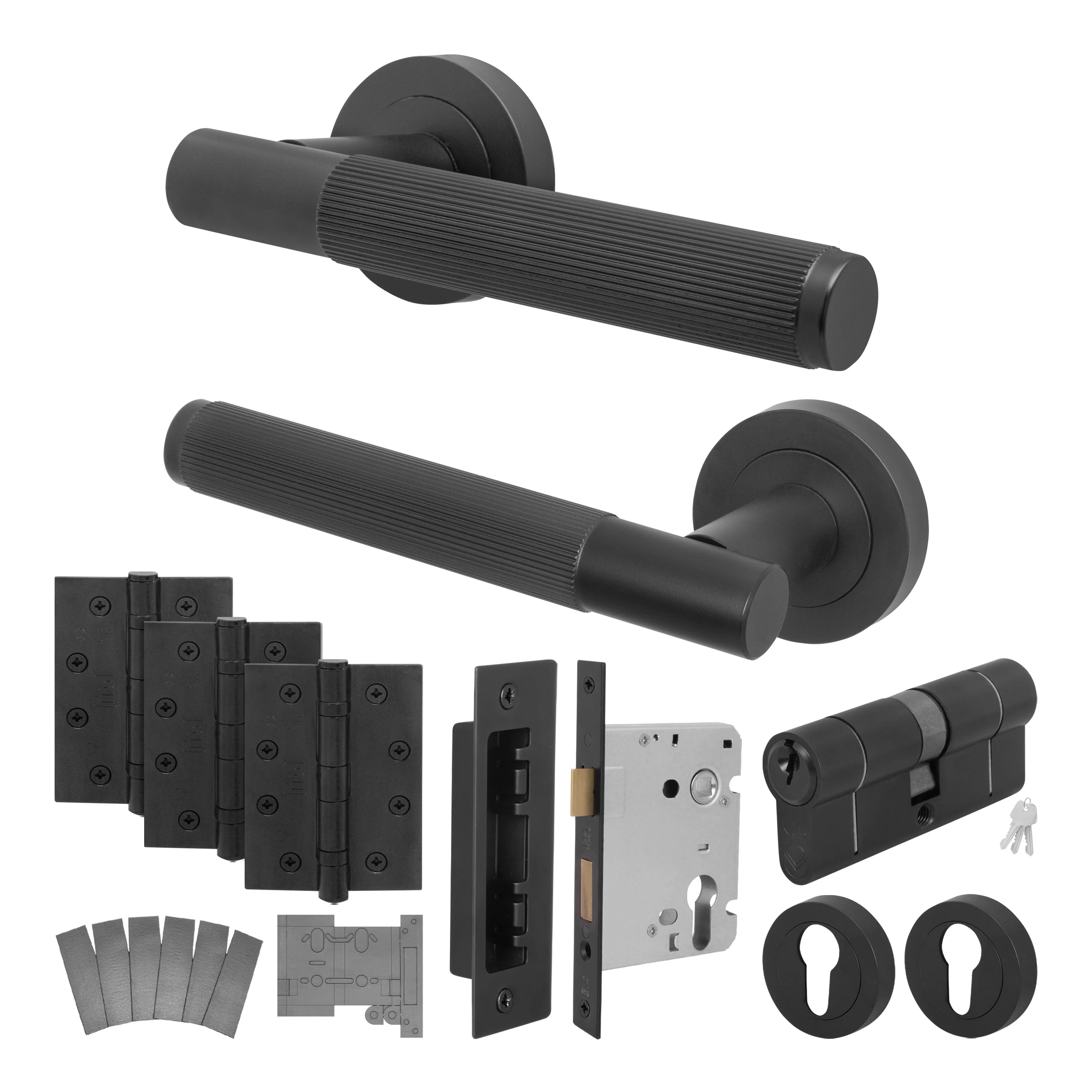 Aurora Matt Black Lever on Rose Door Handle Kit - Medium Duty FD30/60 - 80mm Euro Sashlock and Double Cylinder - Keyed to Differ