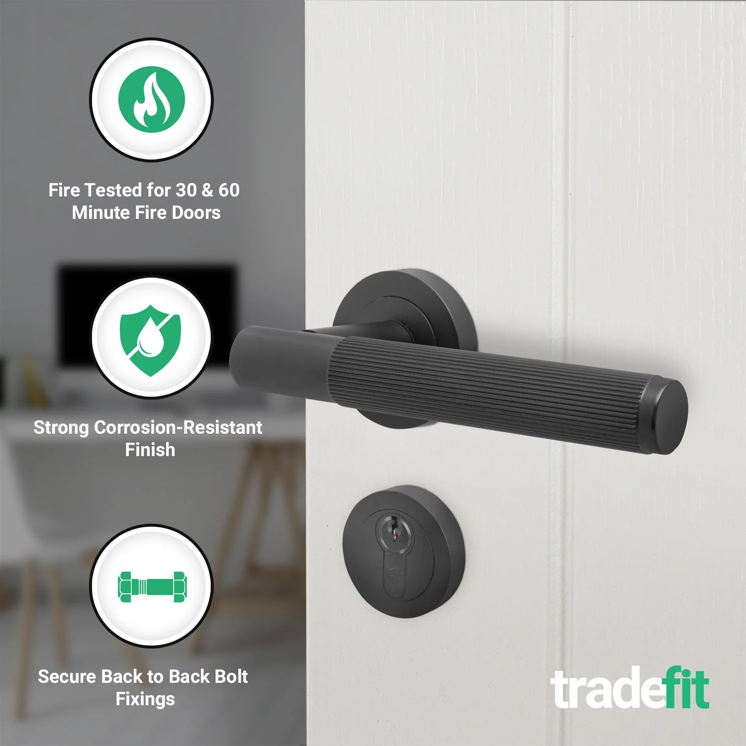Aurora Matt Black Lever on Rose Door Handle Kit - Medium Duty FD30/60 - 80mm Euro Sashlock and Thumbturn Cylinder - Keyed Alike - Image 2