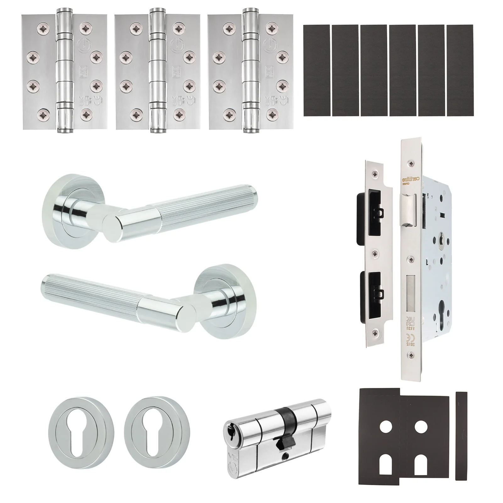 Aurora Polished Chrome Lever on Rose Door Handle Kit - Heavy Duty FD30/60 - DIN Euro Sashlock and Double Cylinder - Keyed Alike
