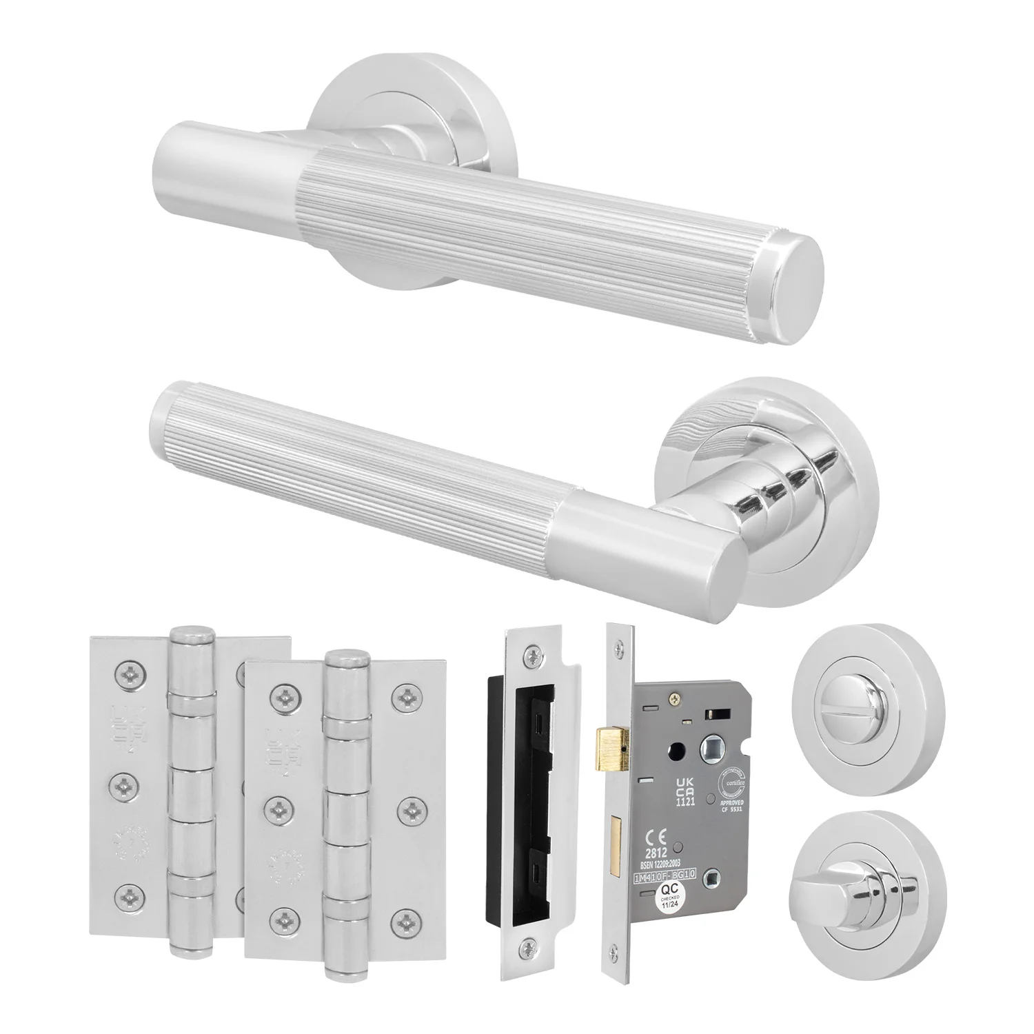 Aurora Polished Chrome Lever on Rose Door Handle Kit - 64mm Bathroom Lock
