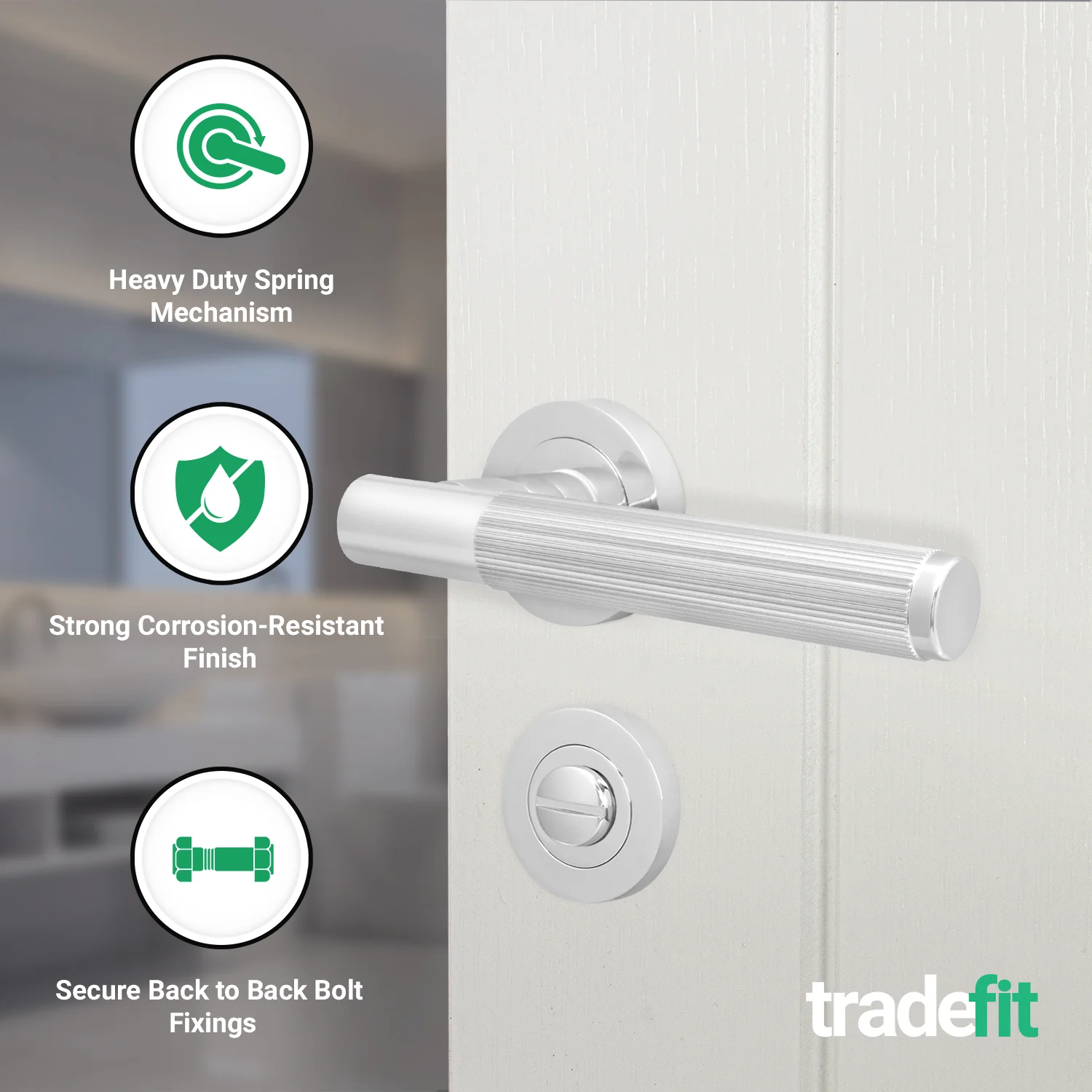 Aurora Polished Chrome Lever on Rose Door Handle Kit - 64mm Bathroom Lock - Image 2