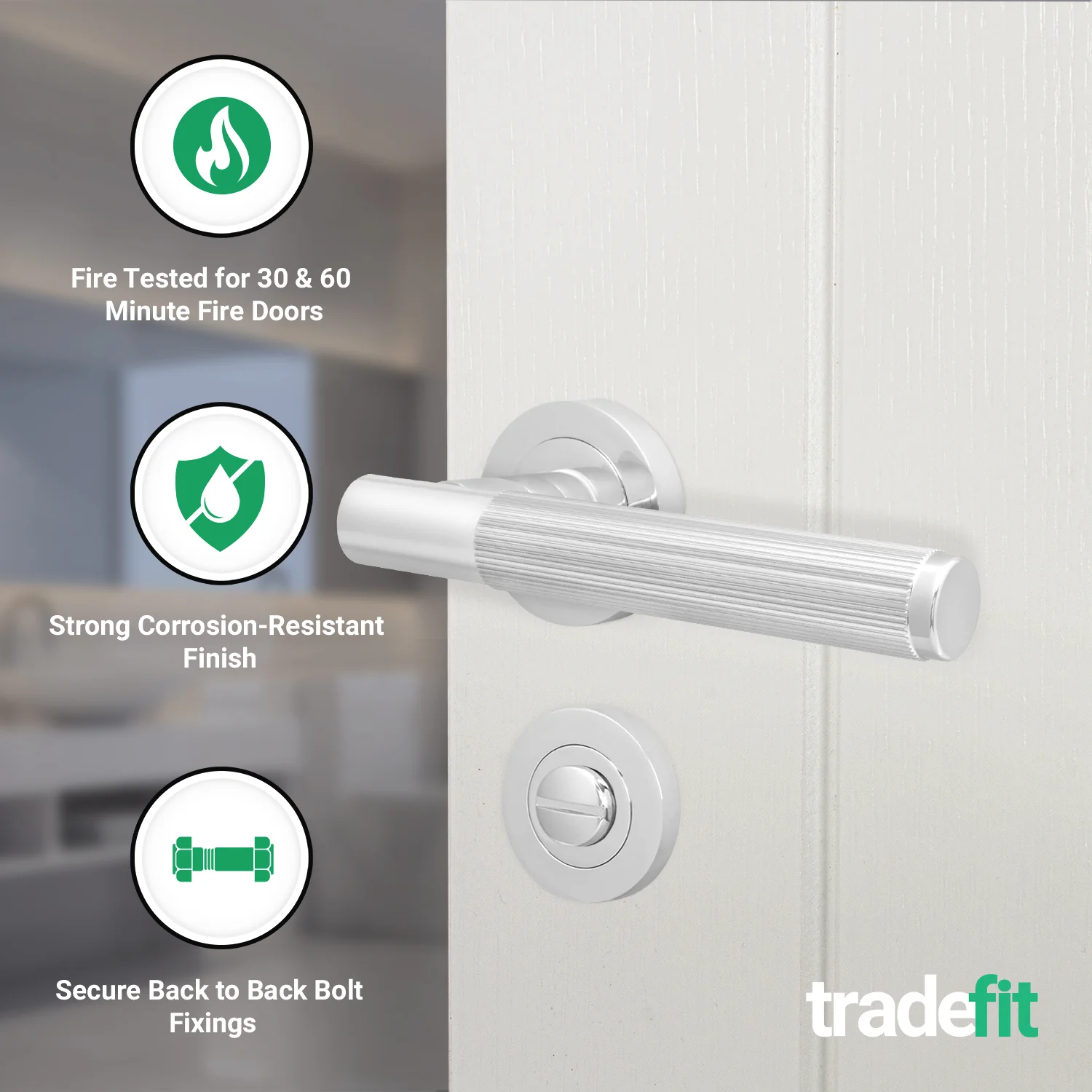 Aurora Polished Chrome Lever on Rose Door Handle Kit - Medium Duty FD30/60 - 80mm Bathroom Lock - Image 2