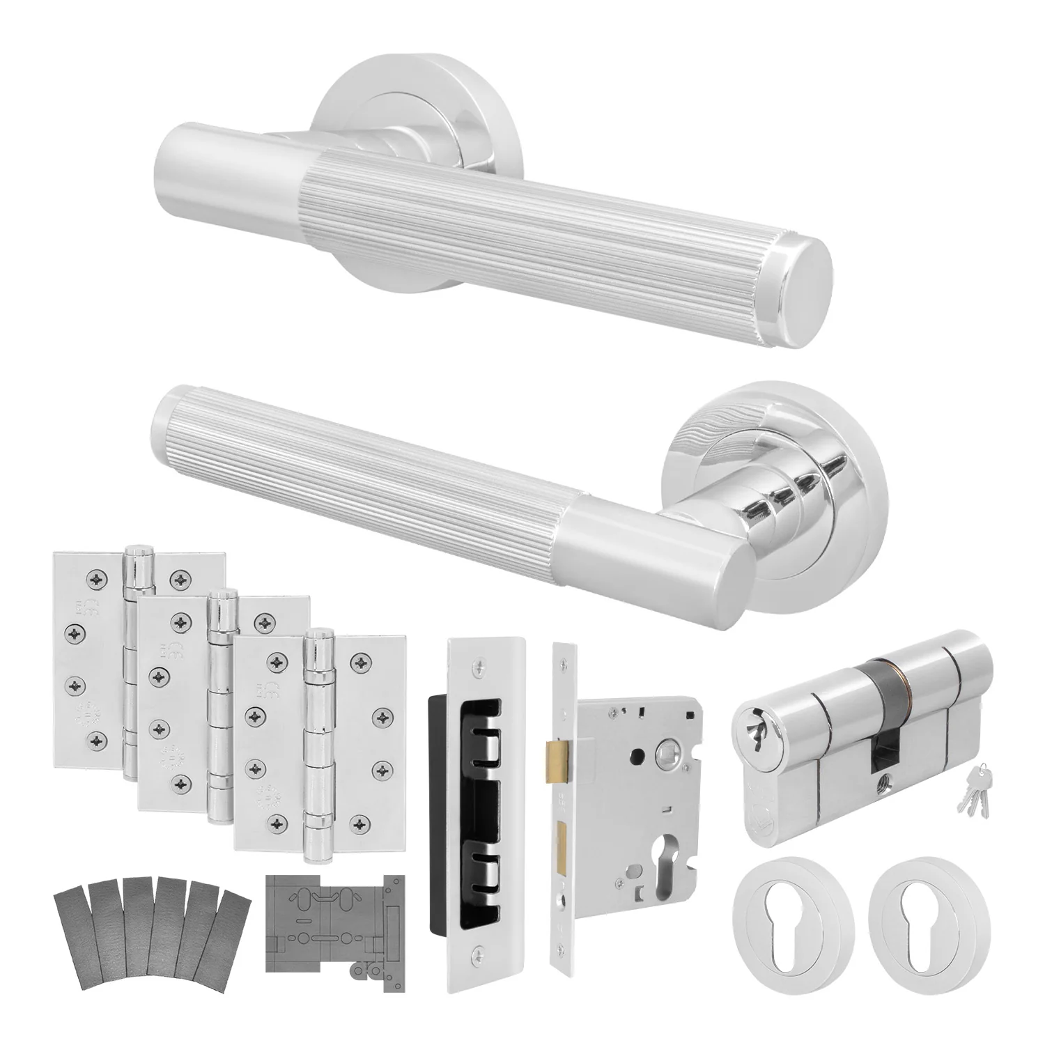 Aurora Polished Chrome Lever on Rose Door Handle Kit - Medium Duty FD30/60 - 80mm Euro Sashlock and Double Cylinder - Master Keyed